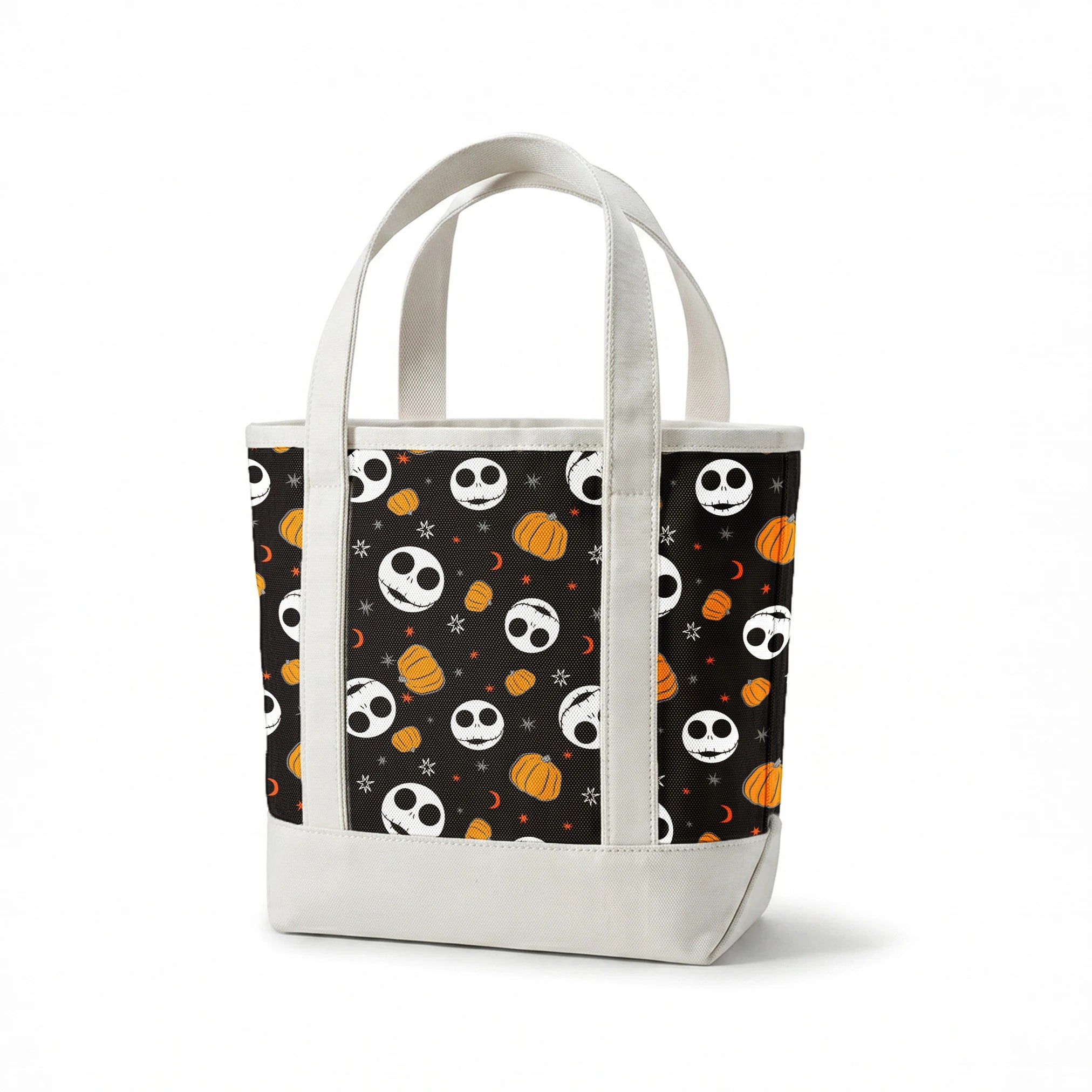 Halloween pattern with Nightmare Before Christmas characters, orange pumpkins, stars and crescent moons on black background springs canvastote mockup