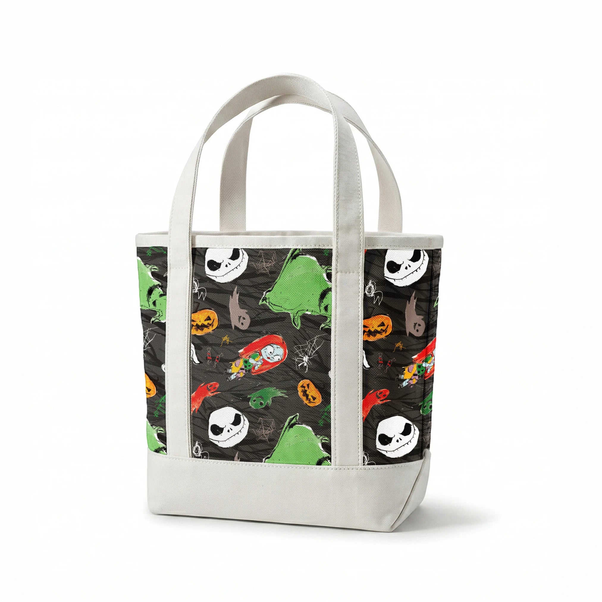 Nightmare Before Christmas pattern with Jack's face, green ghosts, orange pumpkins, spiders, and white ghosts on dark gray background springs canvastote mockup