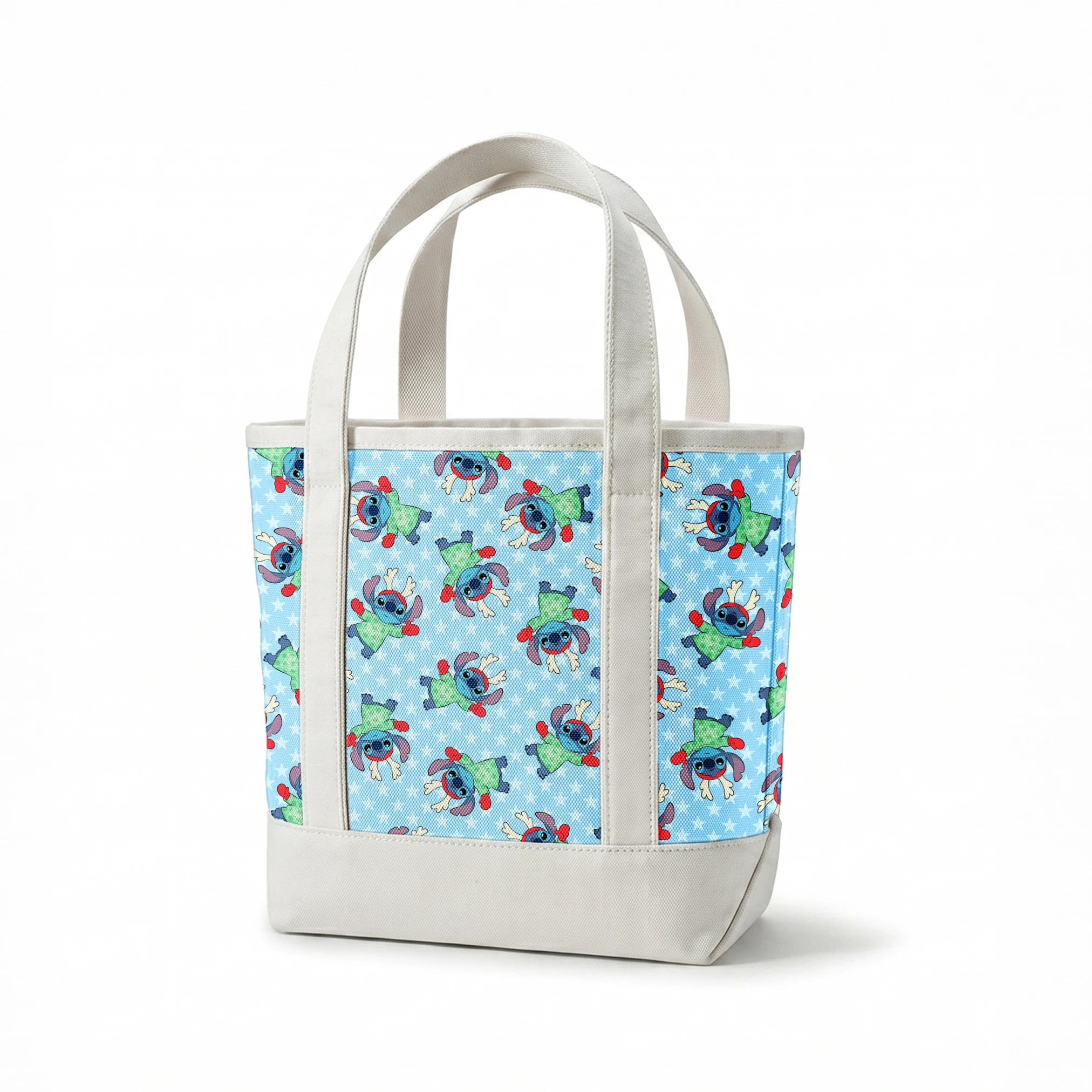 A repeating pattern of Disney's Stitch in holiday outfits with Christmas trees on light blue snowflake background. springs canvastote mockup