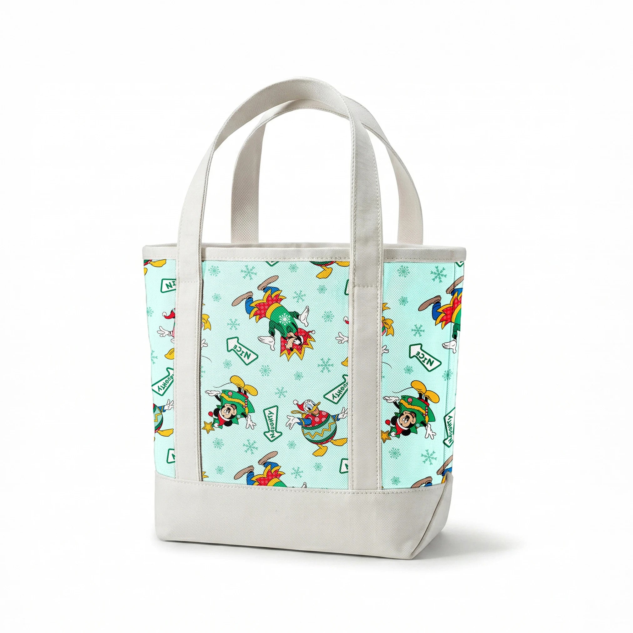 Disney character pattern with Minnie and Mickey in festive holiday outfits on light blue background with snowflakes and "Nice" signs. springs canvastote mockup