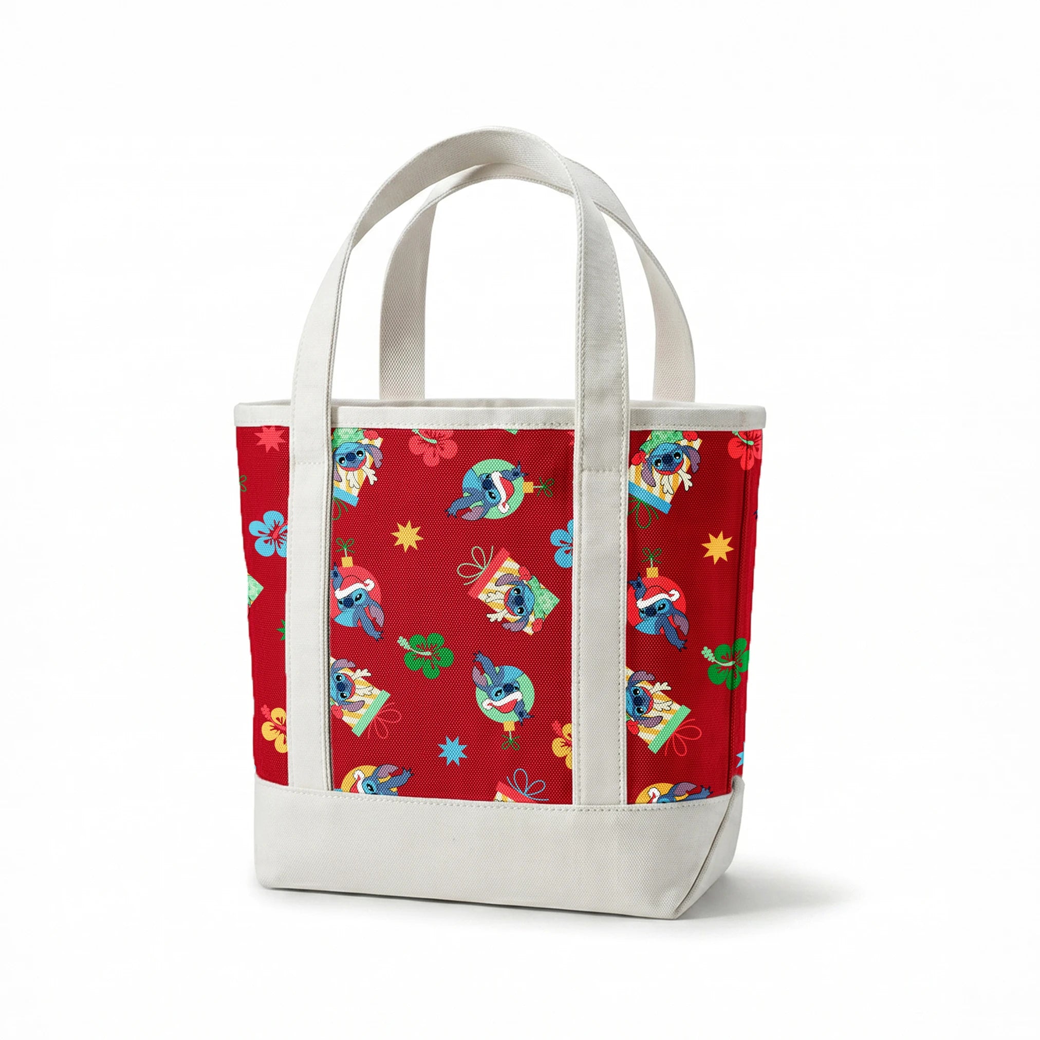 Disney Stitch pattern on red background with flowers and decorative elements springs canvastote mockup