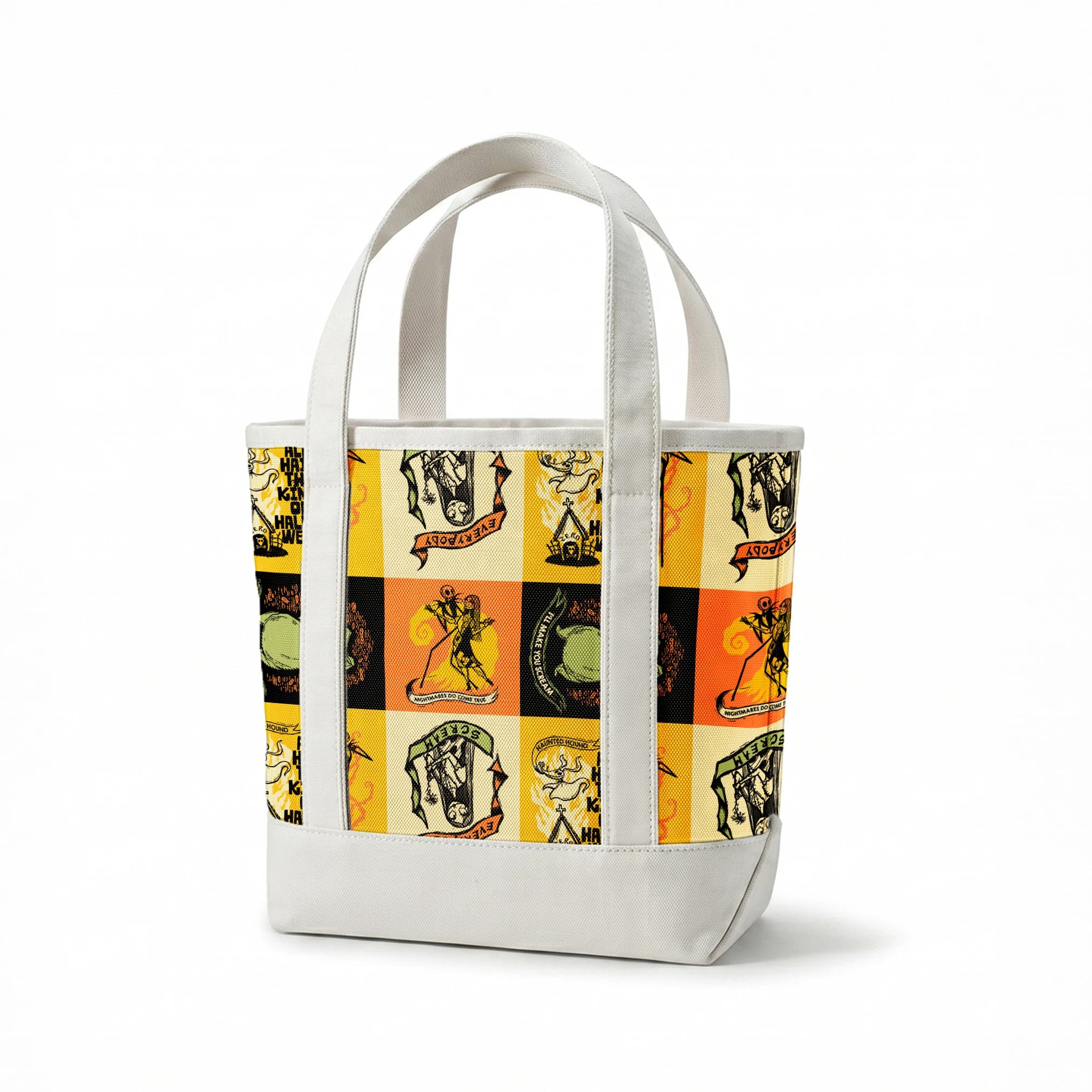 Four stylized Nightmare Before Christmas illustrations in a grid with yellow, green, and orange backgrounds featuring a haunted house and gothic imagery. springs canvastote mockup