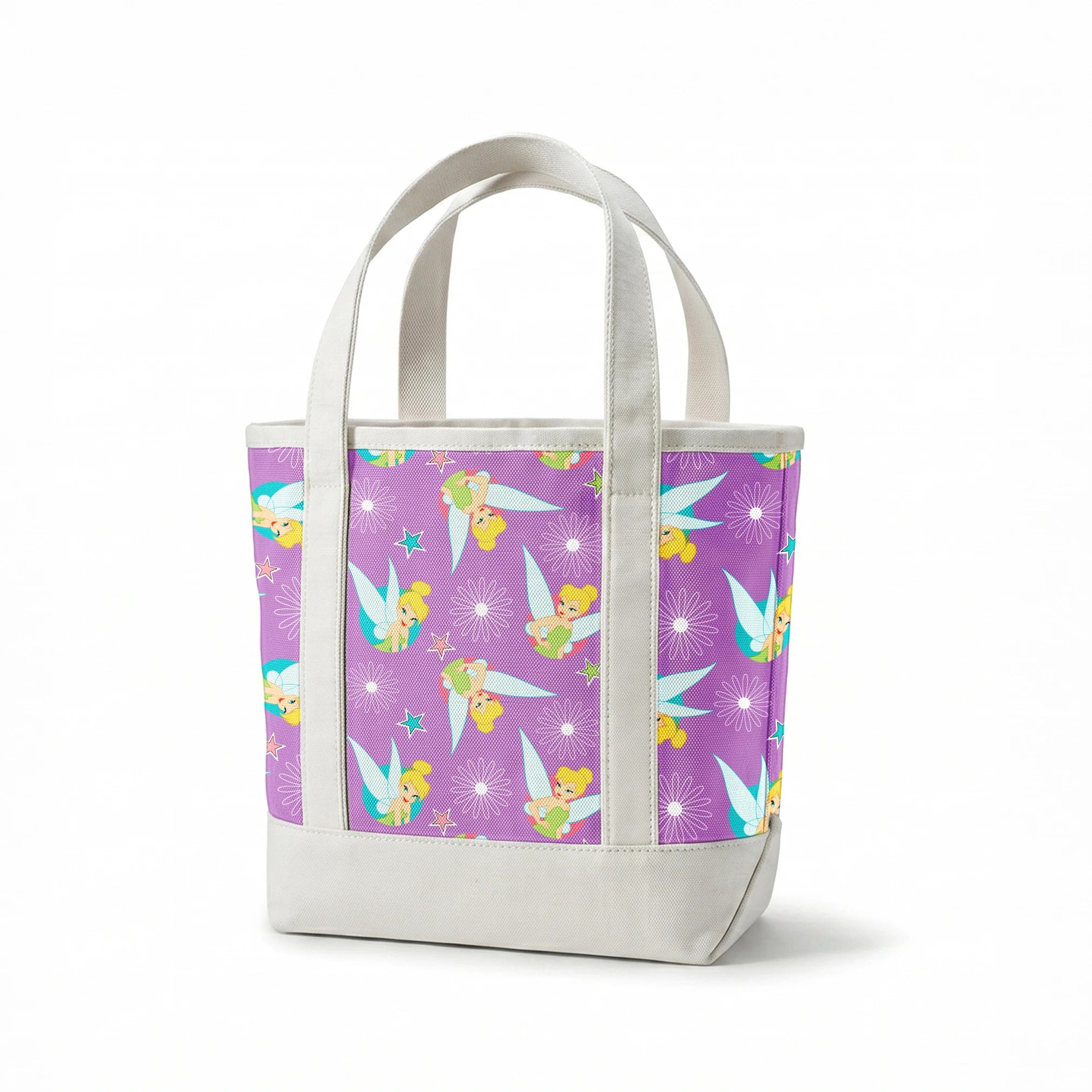 Tinker Bell on a purple background with white daisy flowers and colorful stars. springs canvastote mockup
