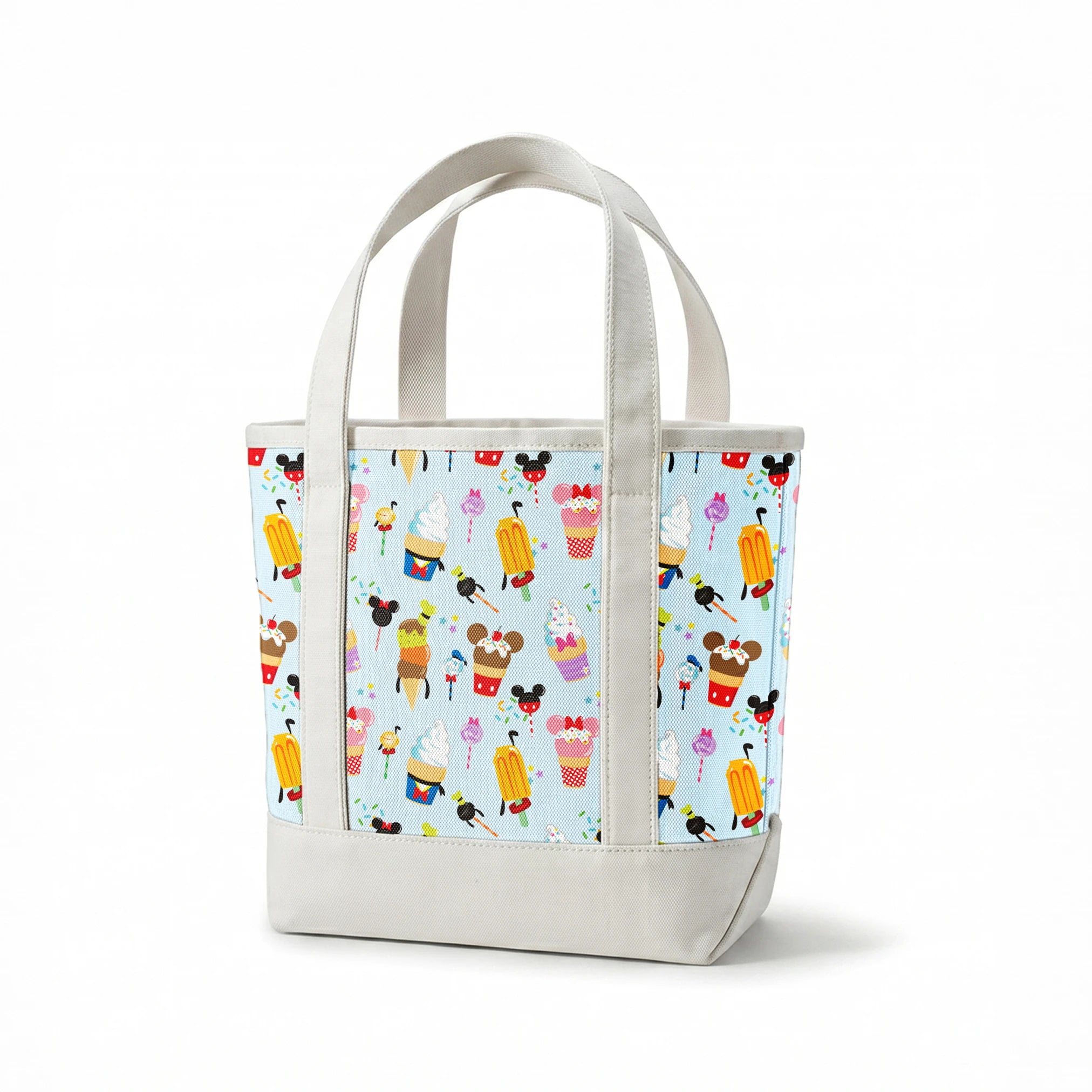 Disney-themed ice cream and sweet treats pattern with Mickey and Minnie icons on light blue background springs canvastote mockup