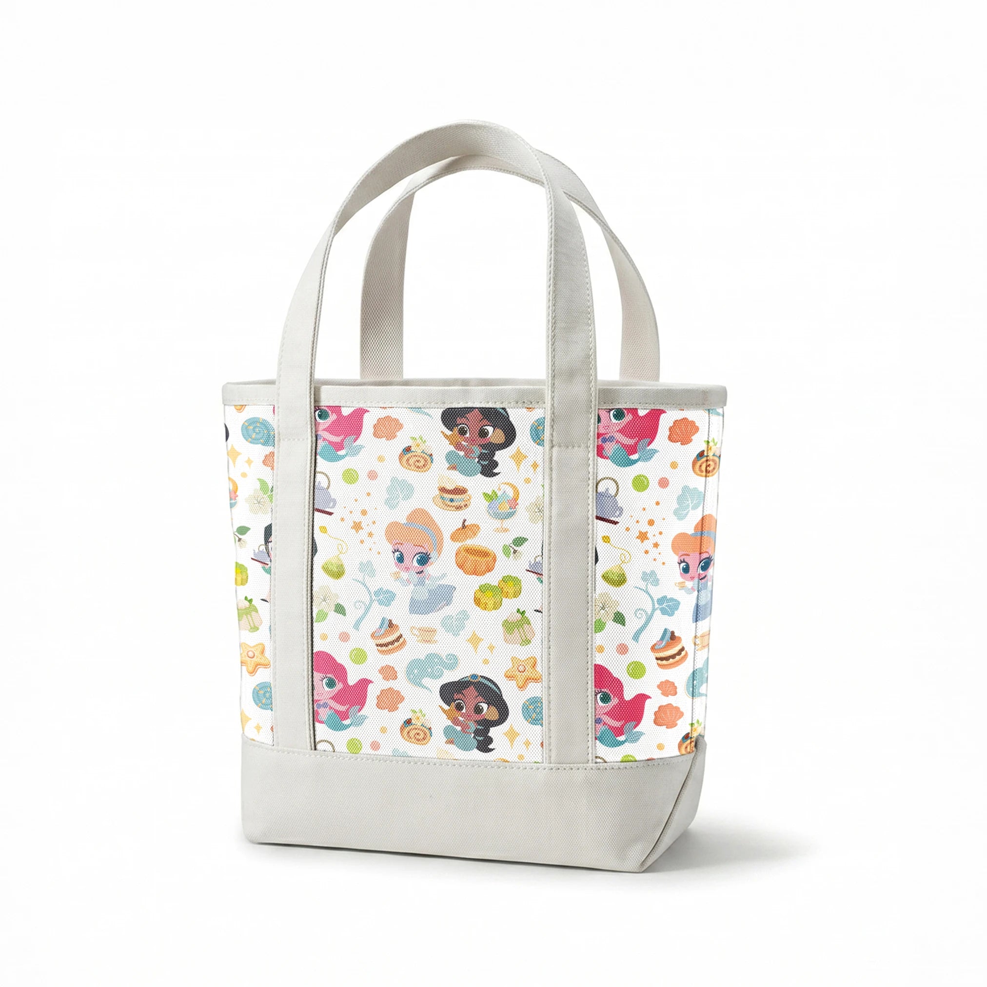Disney Princess pattern with iconic characters, teapots, shells, sweets and gift boxes on white background springs canvastote mockup