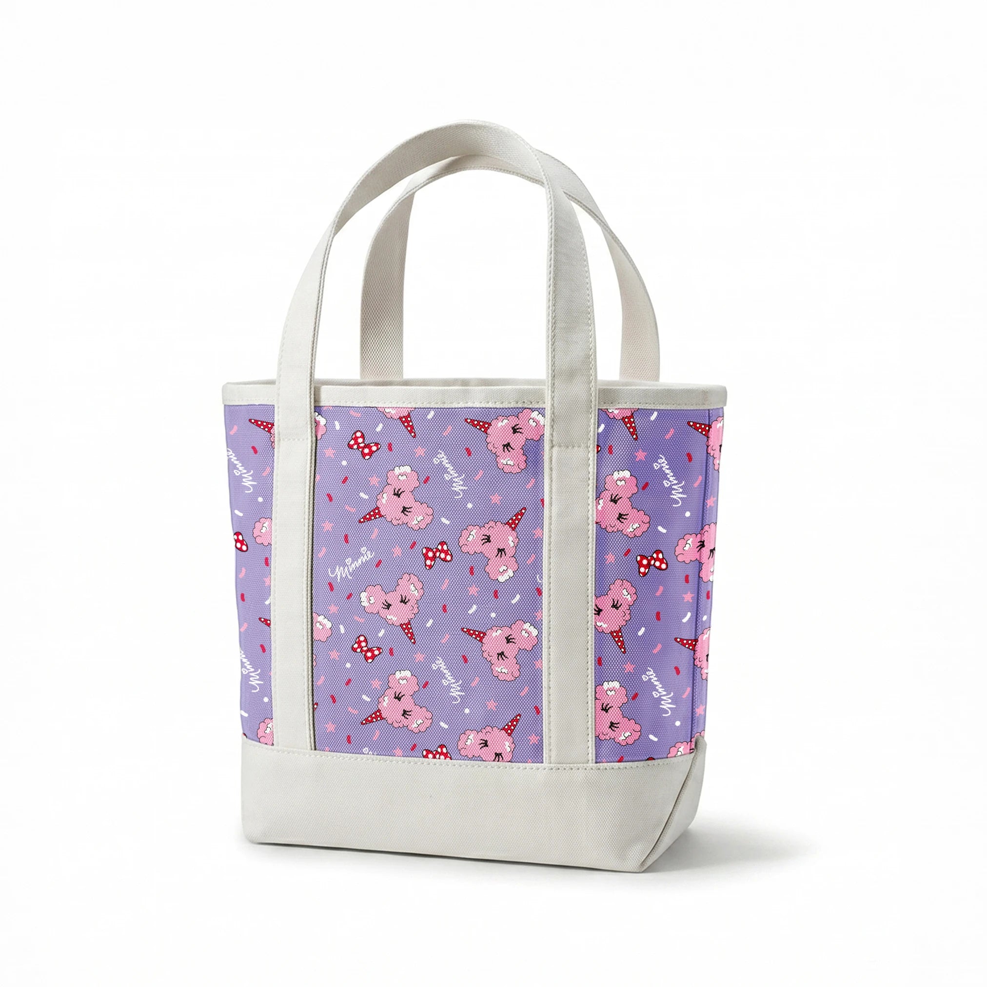 Pink Disney-inspired cotton candy and bows on purple background with confetti and stars springs canvastote mockup