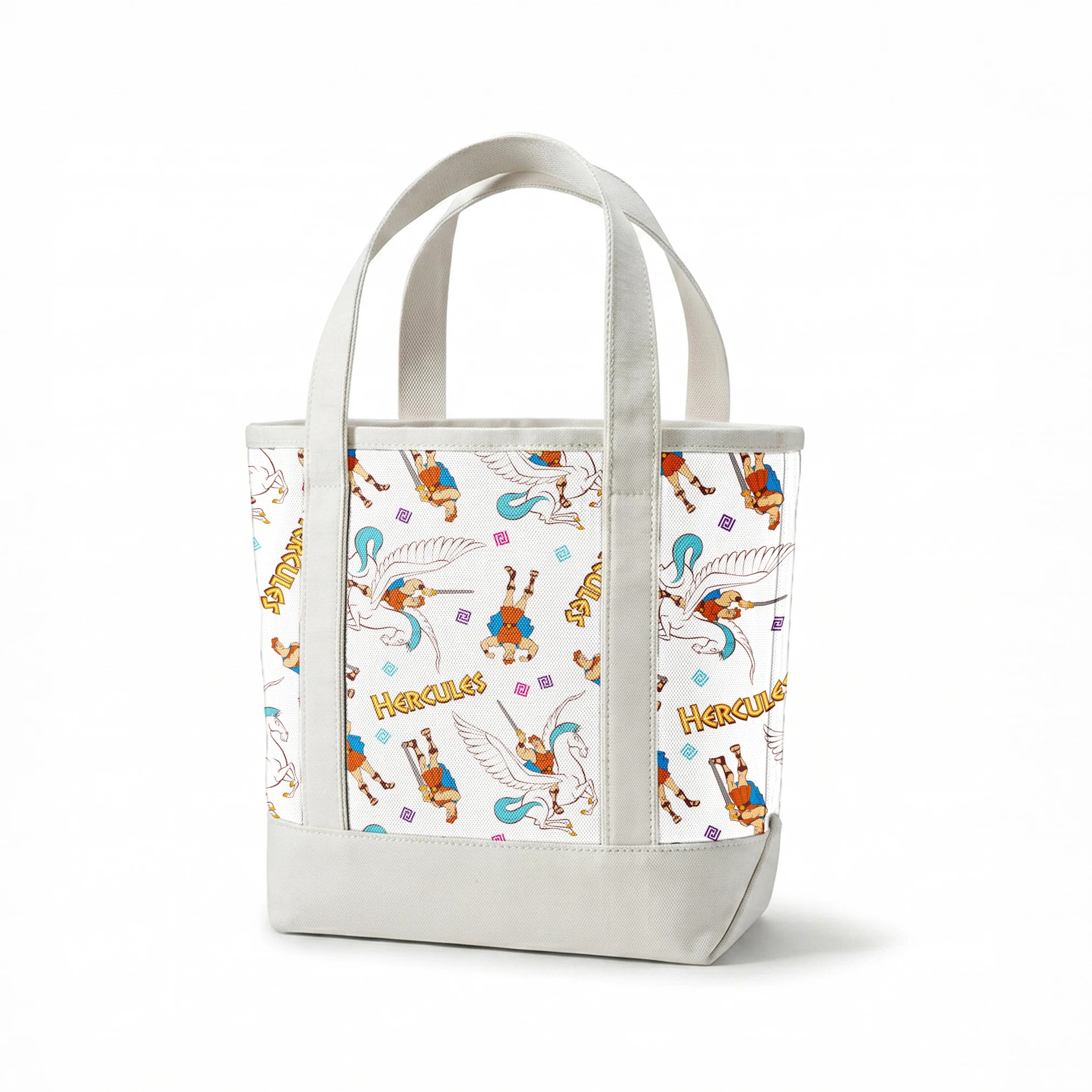 Cartoon pattern of Hercules characters with Pegasus, swords, and "HERCULES" text on white background springs canvastote mockup