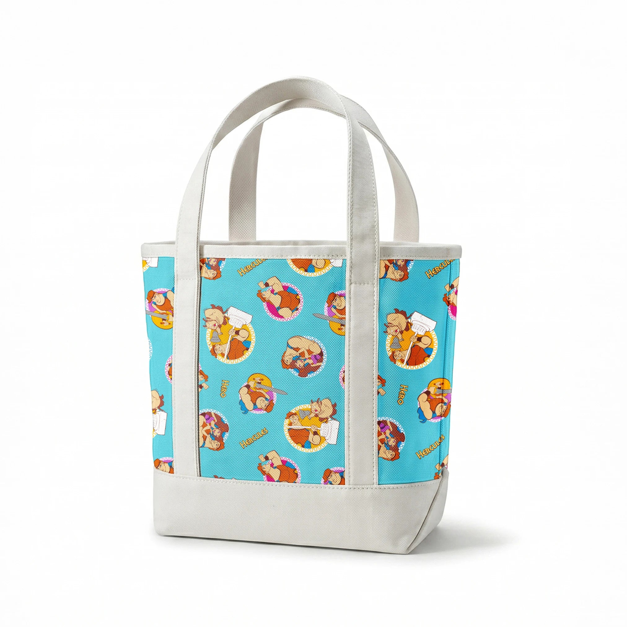 Cartoon characters from Hercules arranged in circular patterns on light blue background springs canvastote mockup