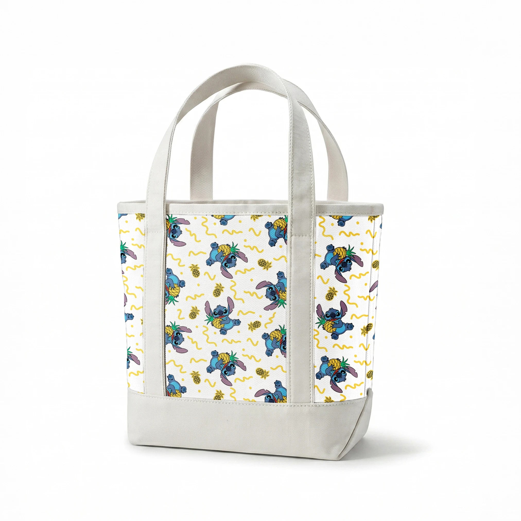 Disney's Stitch holding pineapples with yellow squiggly lines on white background pattern springs canvastote mockup