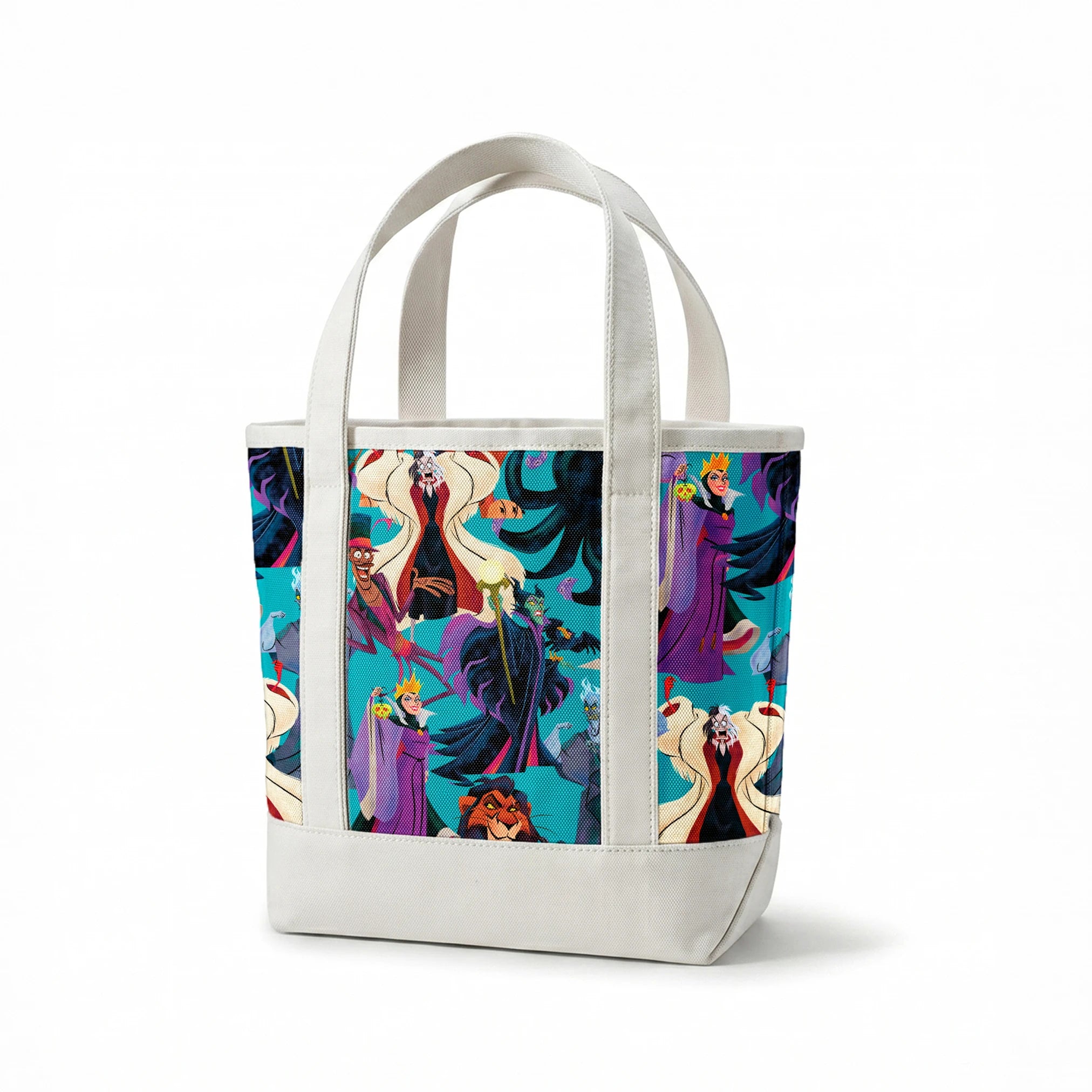 Disney Villains like Ursula, Maleficent, and Hades on a turquoise background in a colorful character pattern. springs canvastote mockup