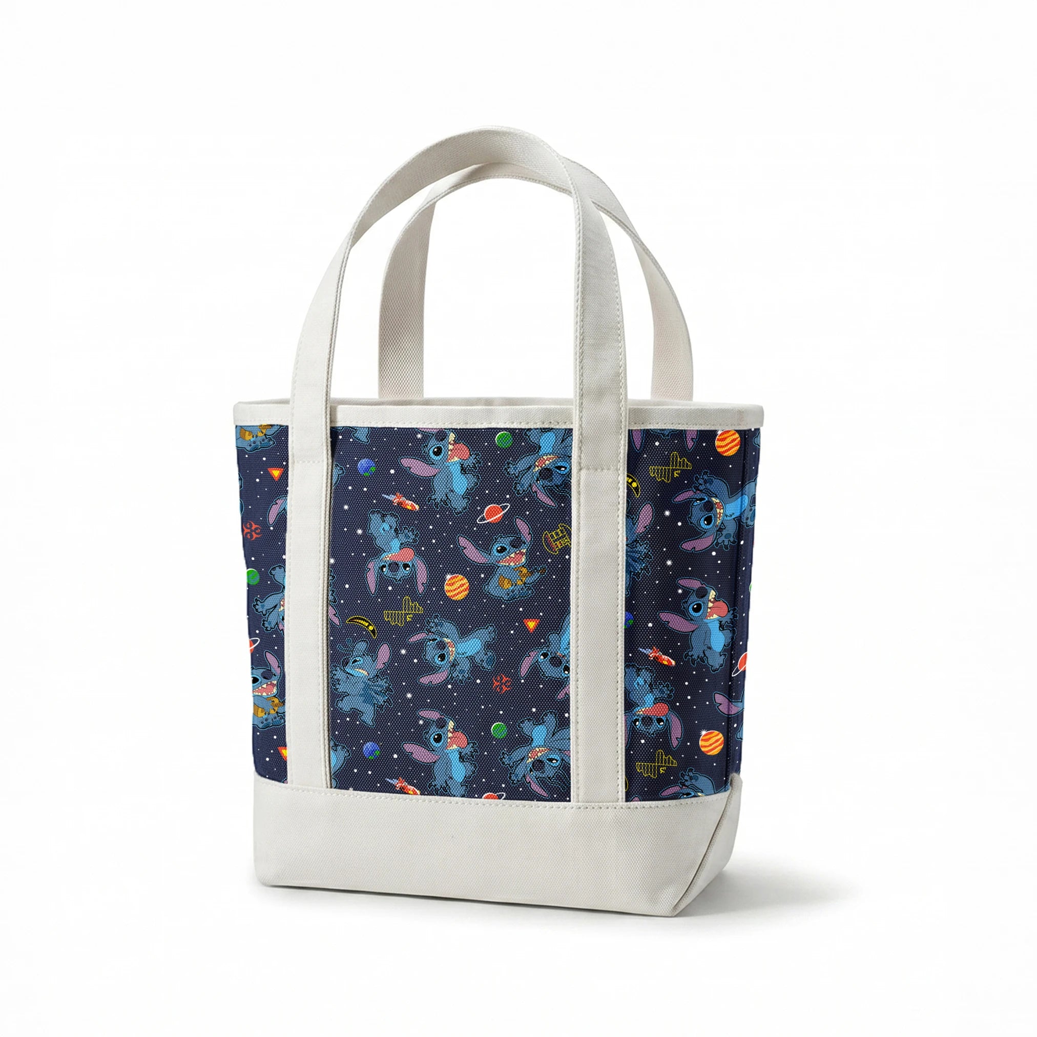 Disney's Stitch floating in space with planets, stars, and spaceships on dark background pattern springs canvastote mockup