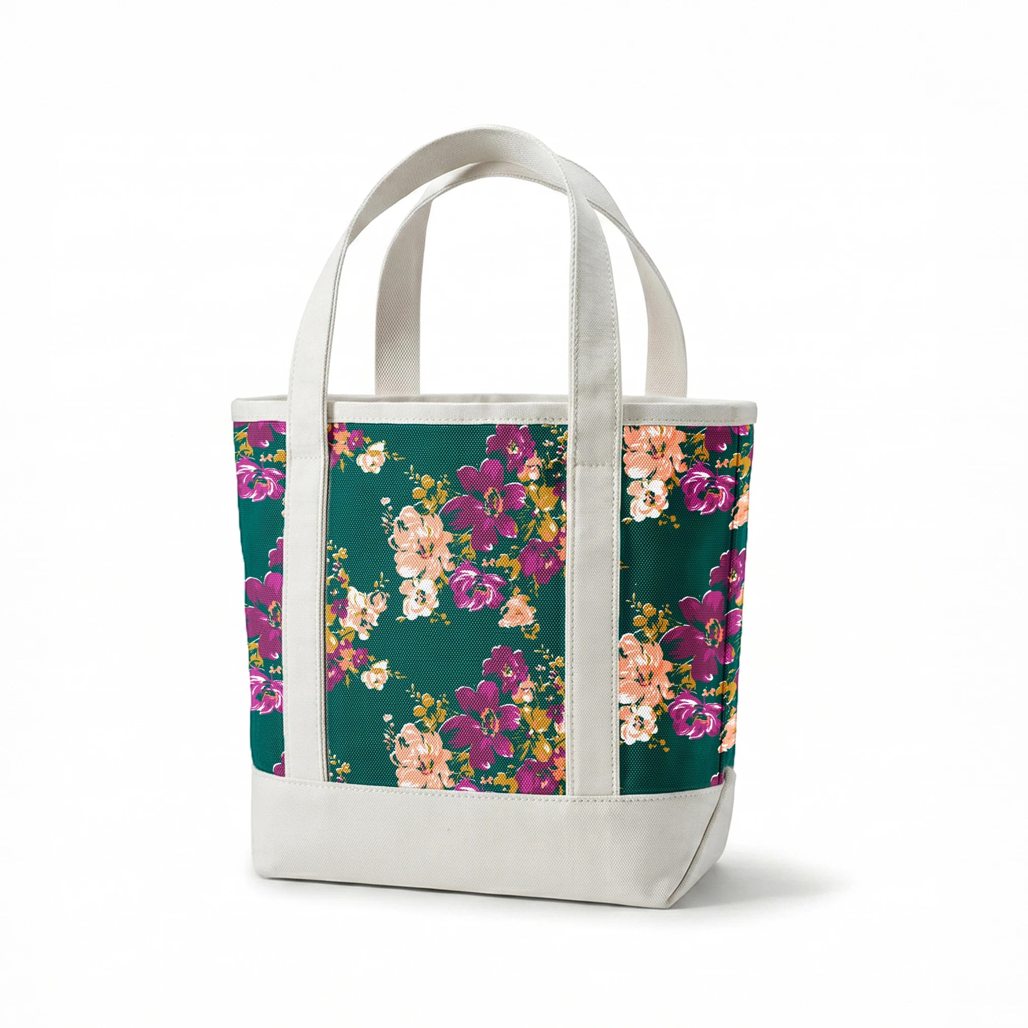 Vibrant floral pattern with purple and peach flowers on a deep teal background springs canvastote mockup