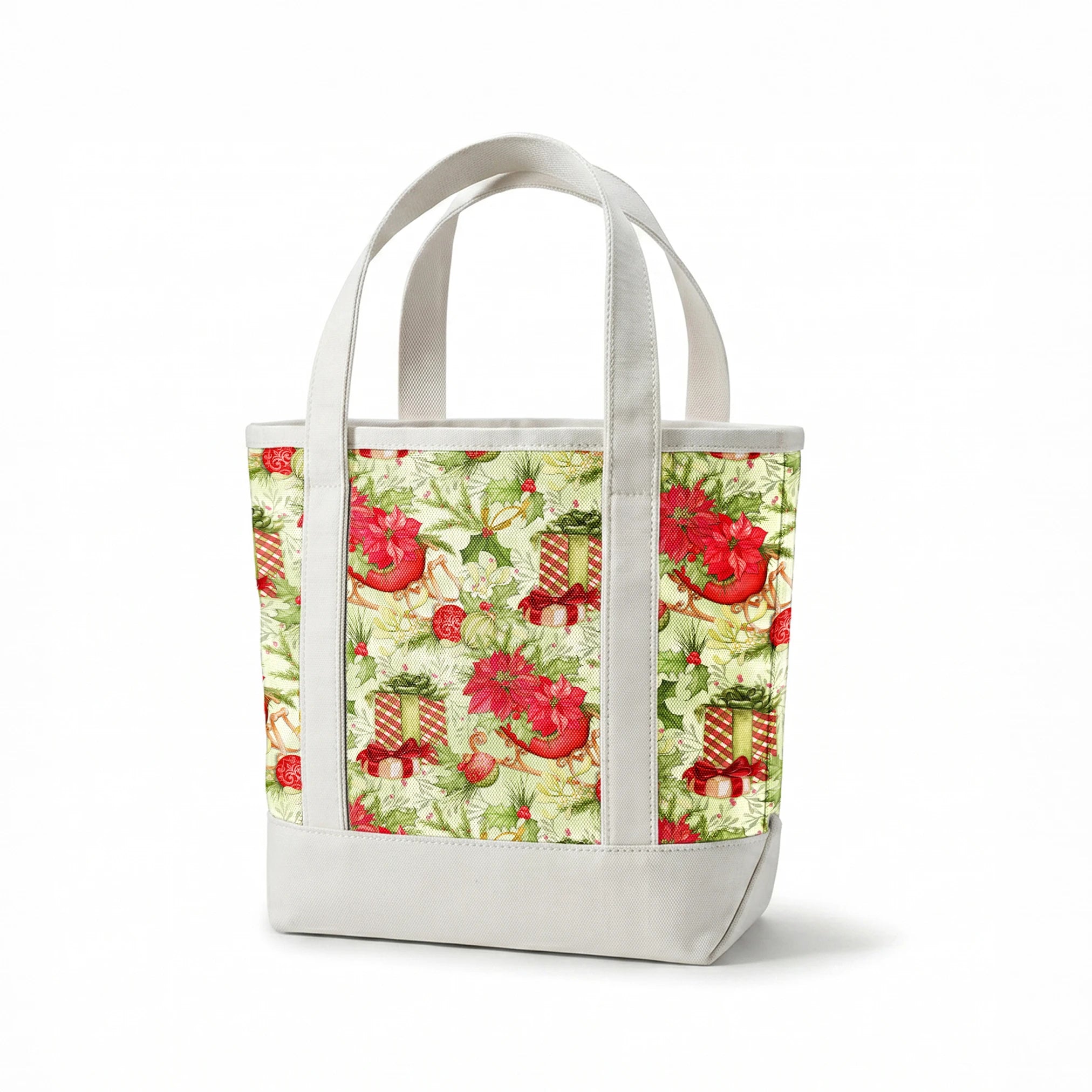 Christmas pattern with red poinsettias, vintage sleighs, wrapped gifts, holiday ornaments, and greenery in a festive toss by Nicole Tamarin. springs canvastote mockup