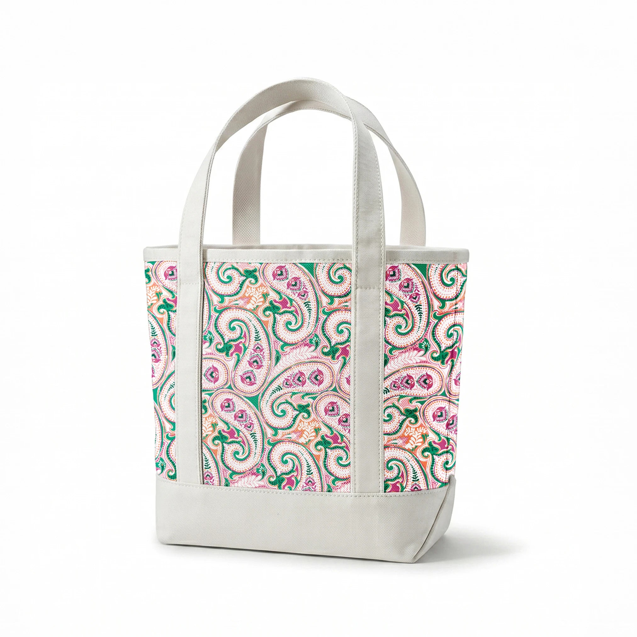 Colorful paisley pattern with swirling teardrop shapes in pink, green, and orange on light background springs canvastote mockup