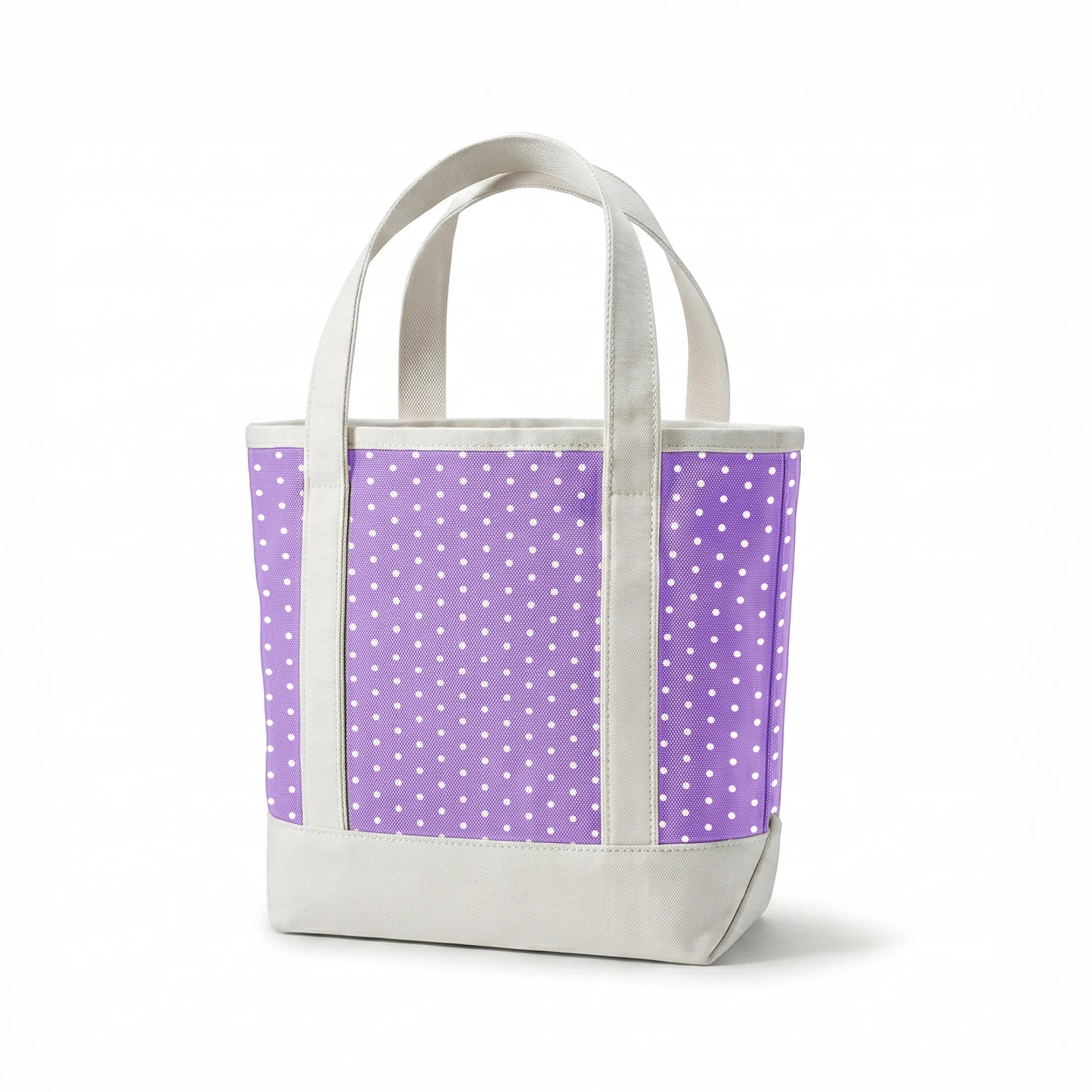 Various white circles on a purple background springs canvastote mockup