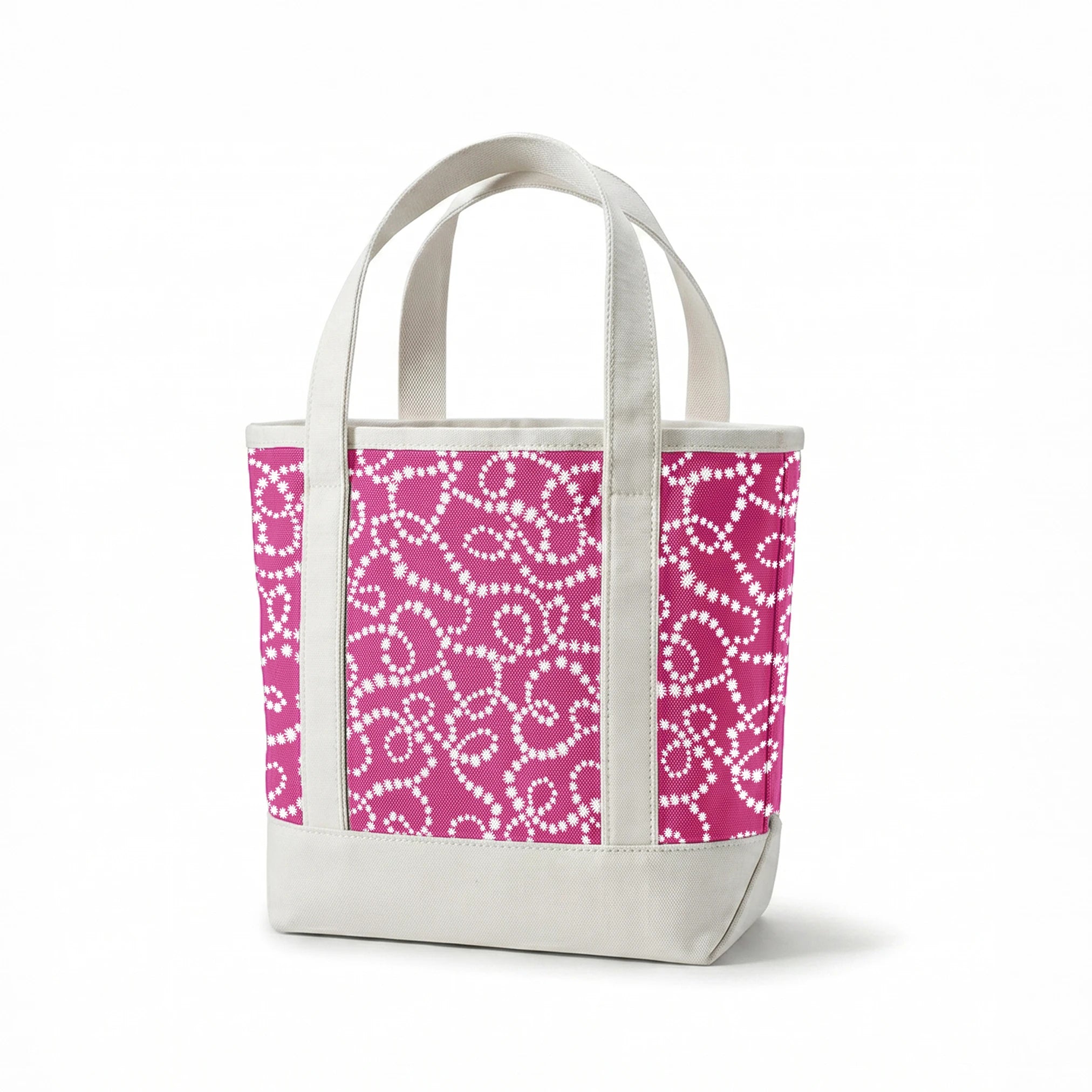 Magenta background with swirling white dotted pattern resembling pearl strands in decorative loops springs canvastote mockup
