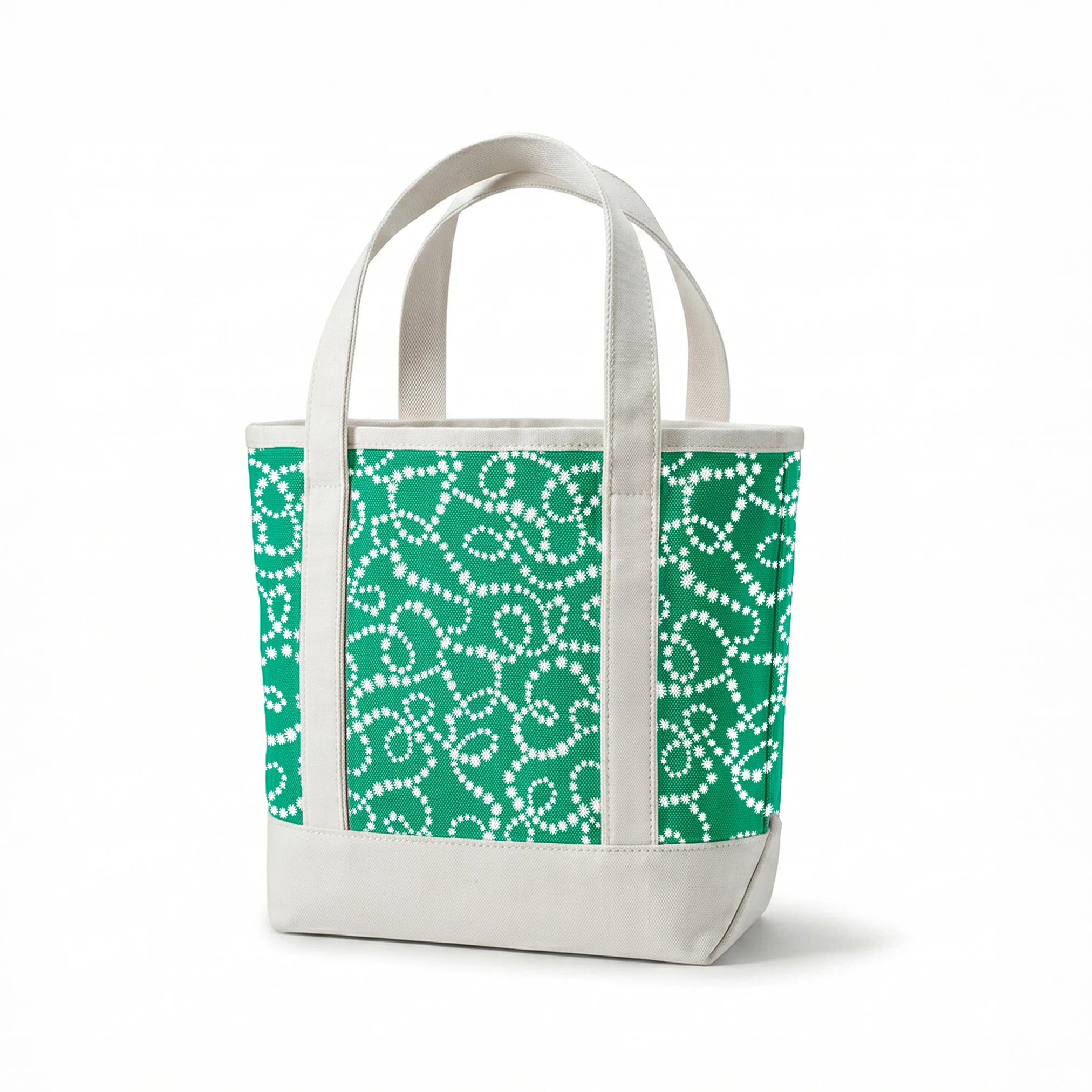 White dotted swirling patterns on green background forming abstract curving lines springs canvastote mockup