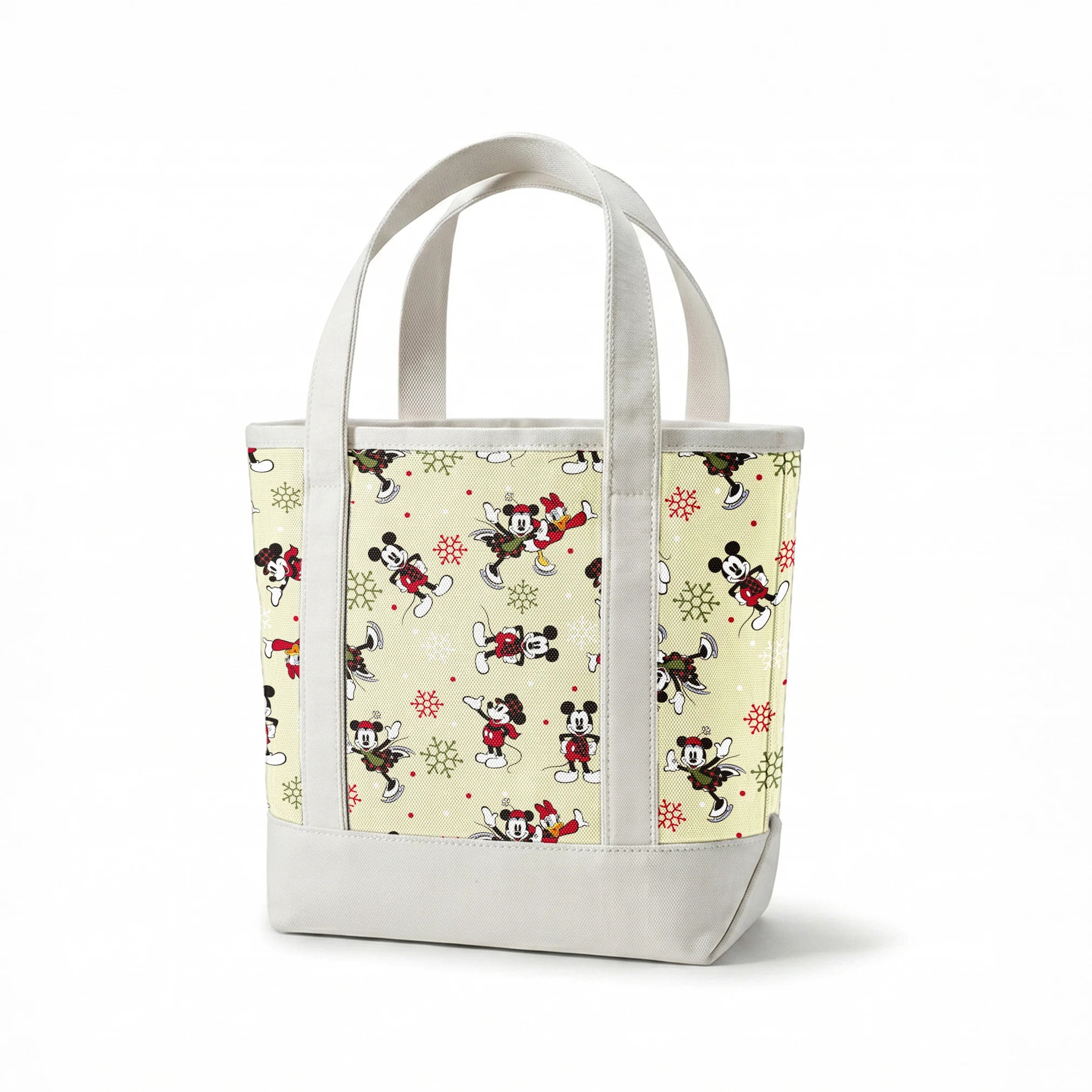 Holiday-themed cartoon mouse pattern with classic characters in red outfits on beige background with snowflakes. springs canvastote mockup