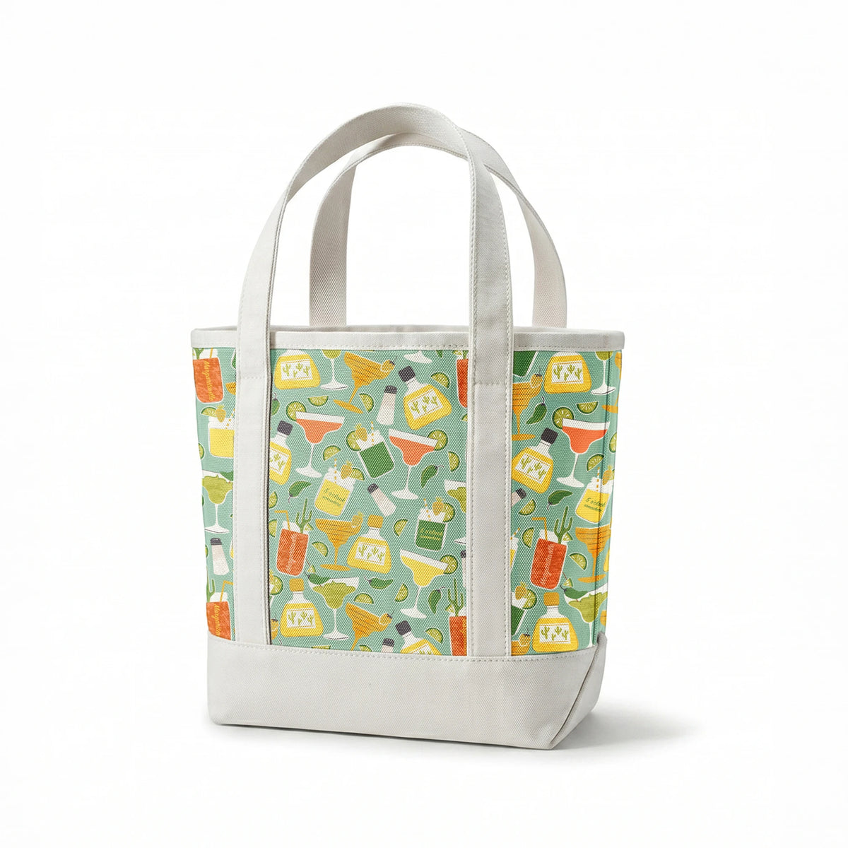 Colorful Margaritaville cocktail pattern with drinks, bottles, glasses, and lime slices on teal background