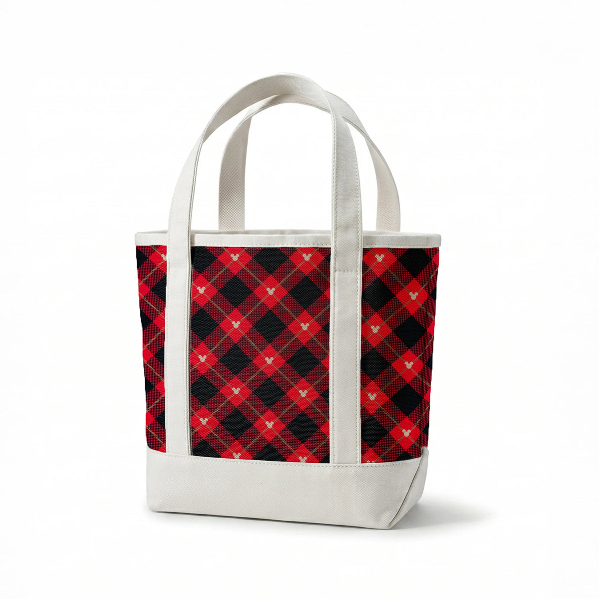 Red and black plaid pattern with diagonal gold stripes and small Mickey Mouse silhouettes springs canvastote mockup