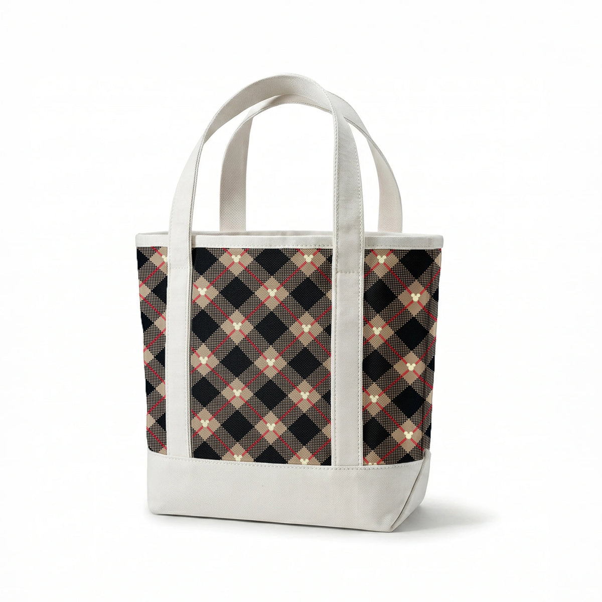 Diagonal plaid pattern with navy, beige, red stripes, checkered sections and small white circular details springs canvastote mockup