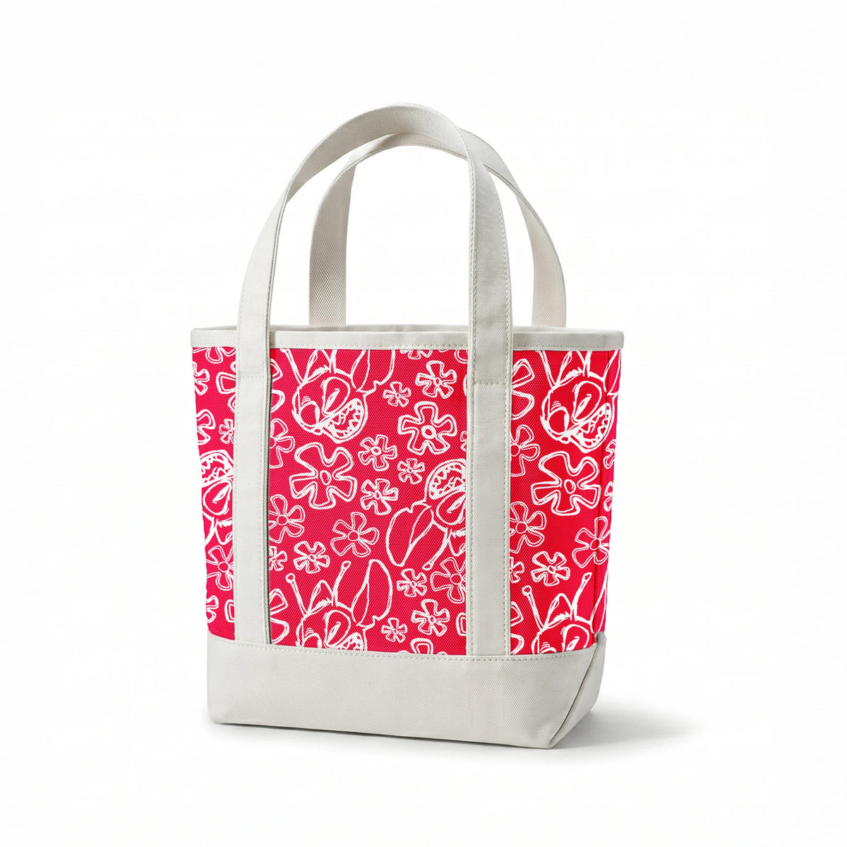 White flower doodles and Disney's Stitch on bright red background, hand-drawn style pattern springs canvastote mockup