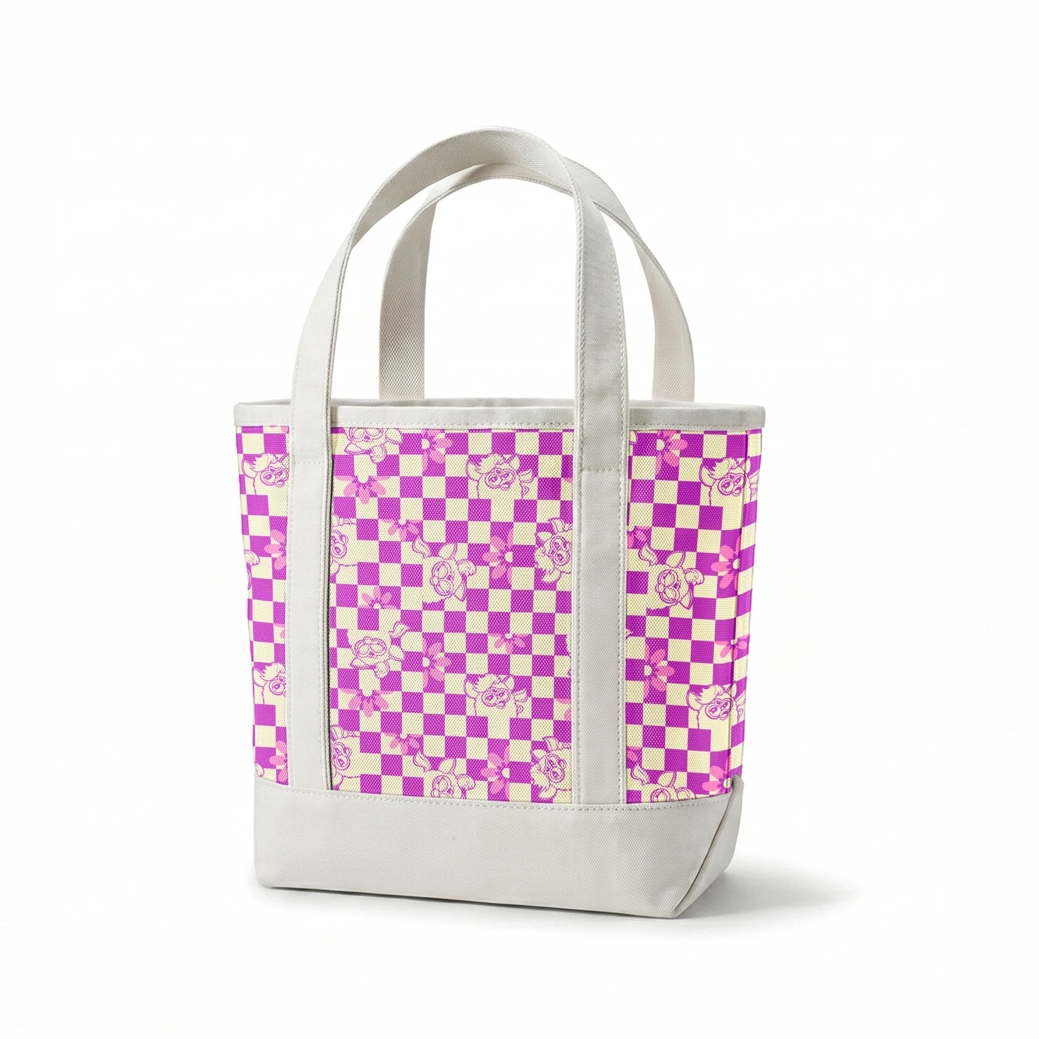 Hasbro Furby Checkered Flowers on Purple Fabric