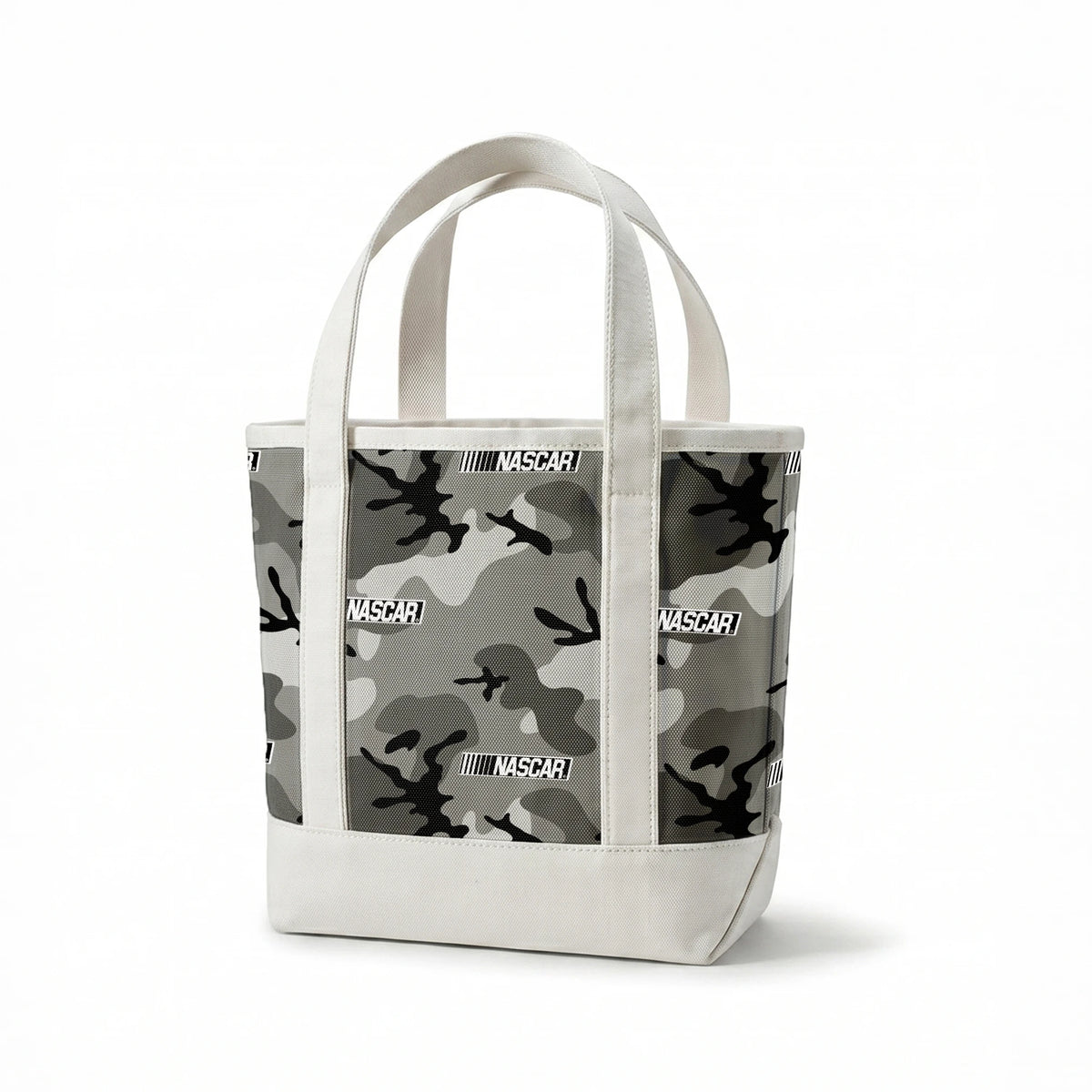 NASCAR® Retro Logo and Camo Toss on Grey Fabric