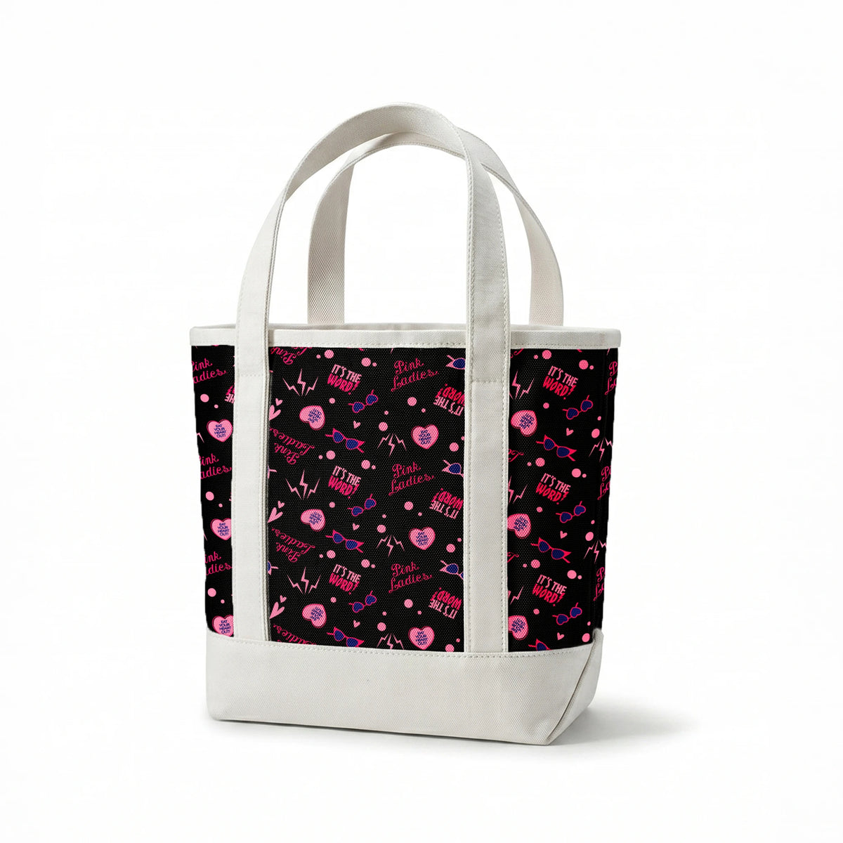 Paramount Grease Retro Pink Ladies Icons on Black Fabric