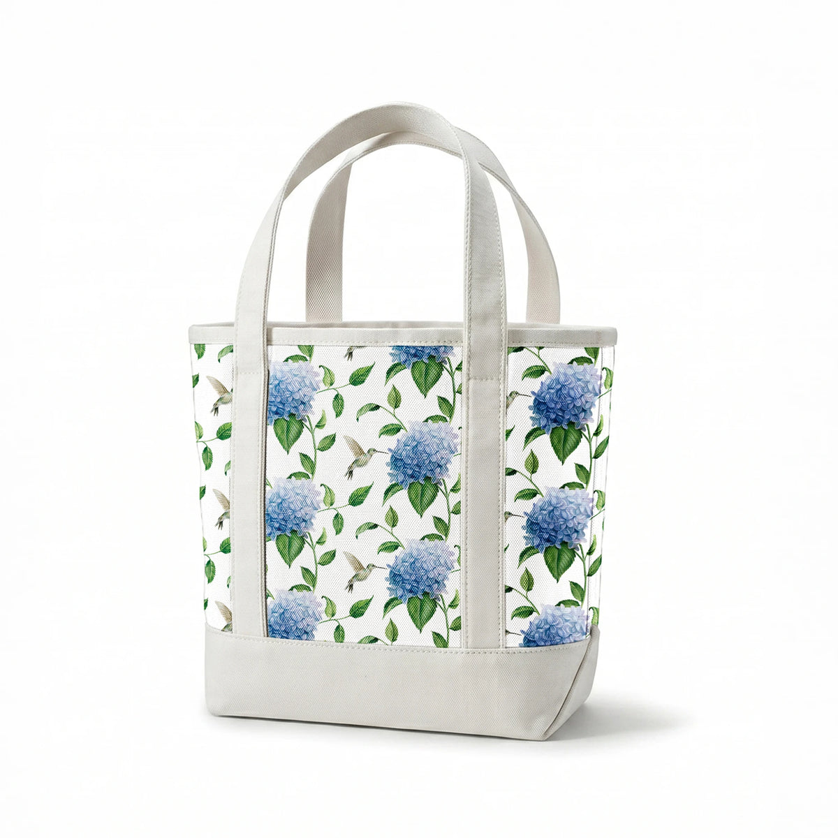 Danielle Murray Hydrangeas and Hummingbirds on White Fabric
