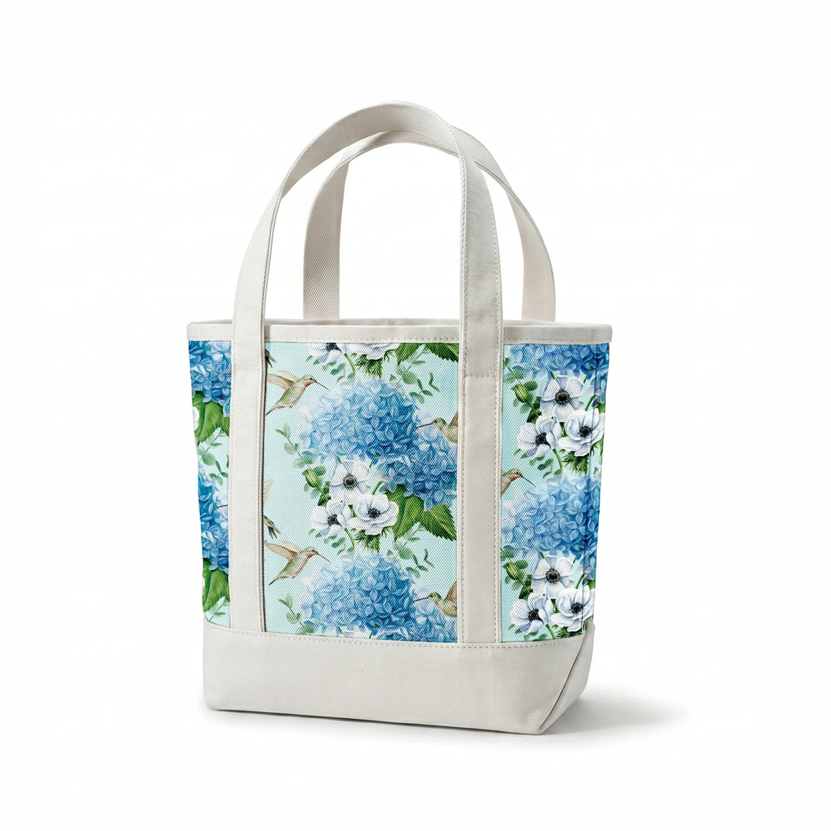 Danielle Murray Hydrangeas and Hummingbirds on Blue Fabric