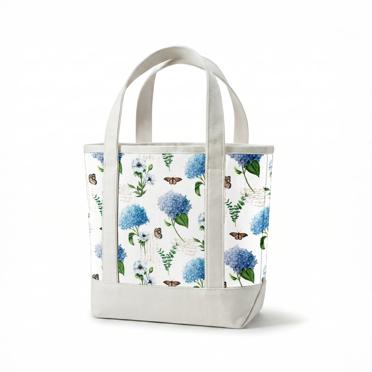 Danielle Murray Blue Florals and Butterflies on White Fabric