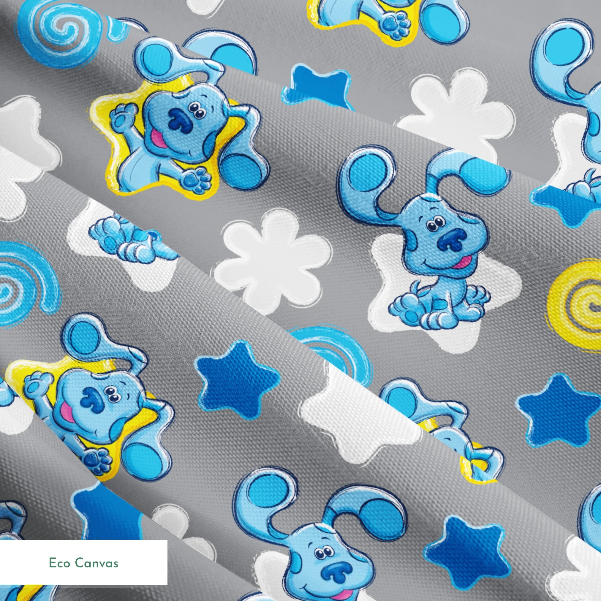 Blue cartoon elephants with stars, swirls, and clouds pattern on gray background springs ecocanvas texture