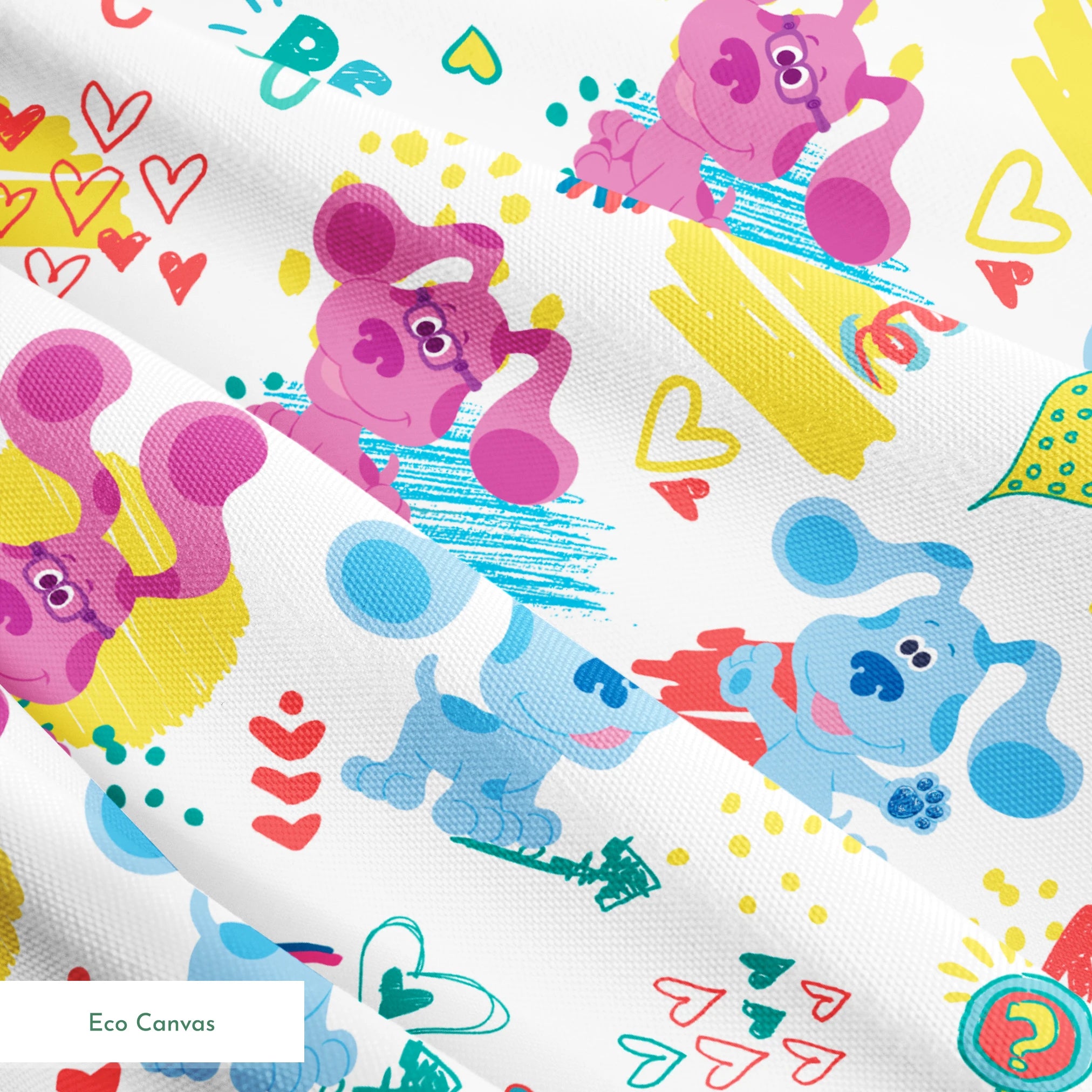 Colorful cartoon pattern with blue koalas and purple mice, hearts, and "BE KIND" text on white background springs ecocanvas texture