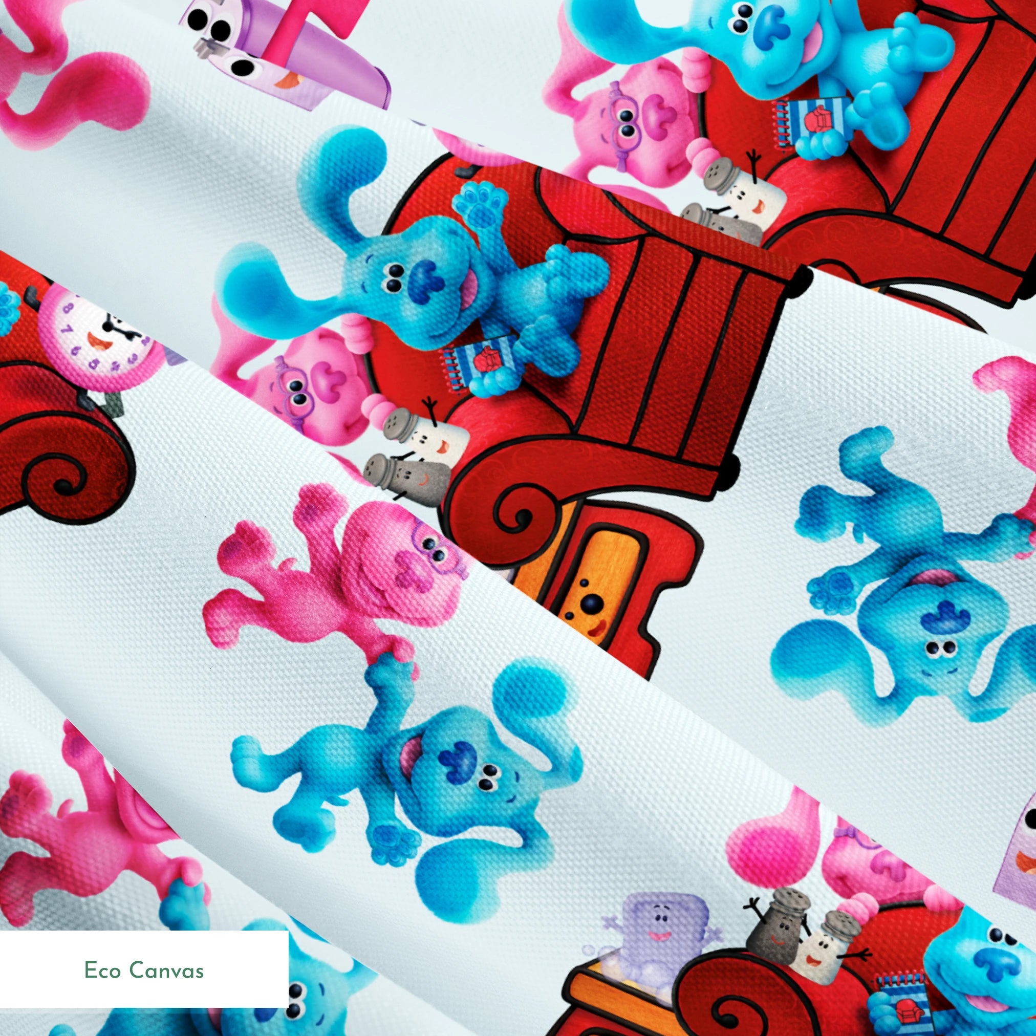 Colorful pattern featuring cartoon blue and pink puppy characters with armchairs, mailboxes, and clocks springs ecocanvas texture