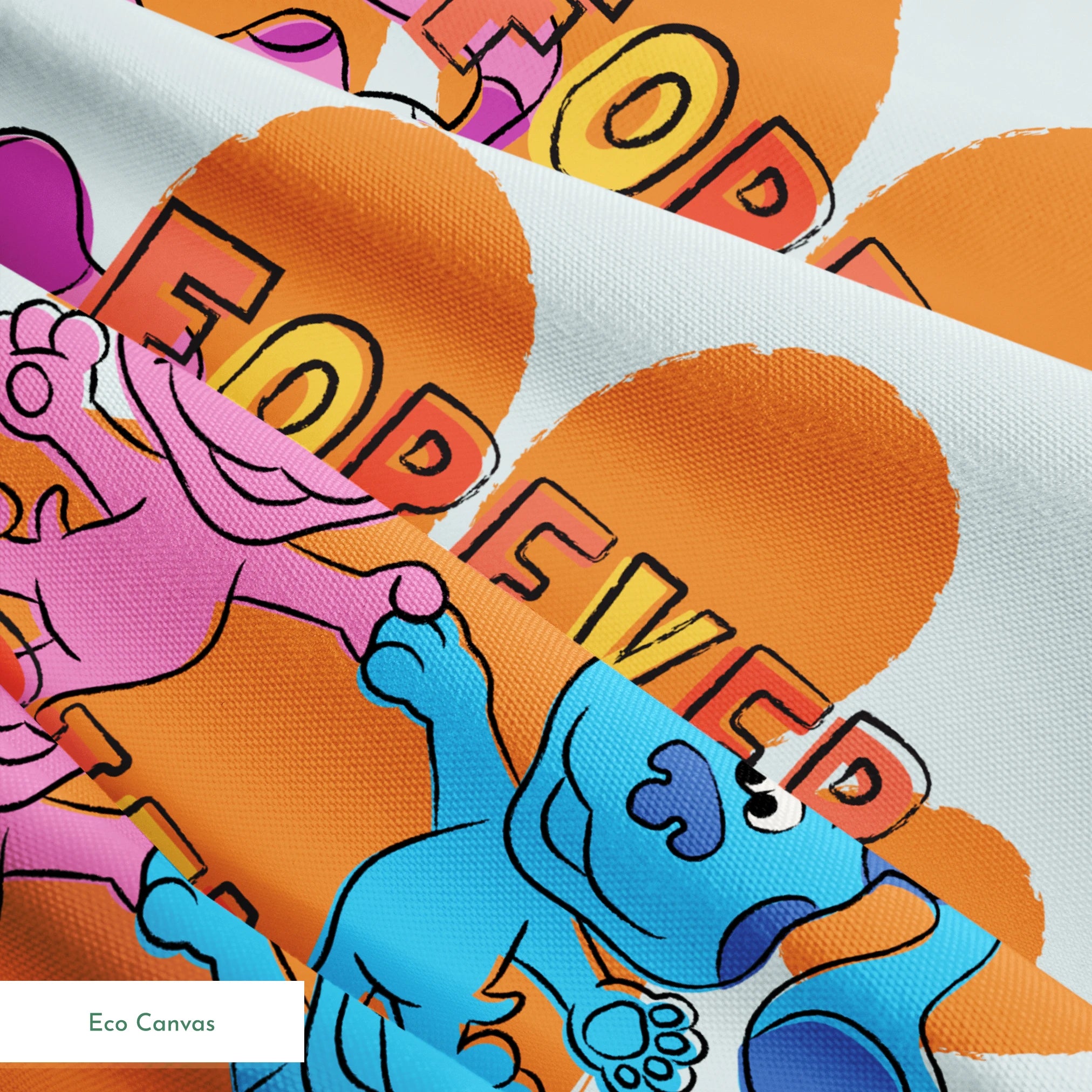 Colorful cartoon pattern with blue and pink characters, "FOREVER FRIENDS" text, and small playful icons on a light background springs ecocanvas texture
