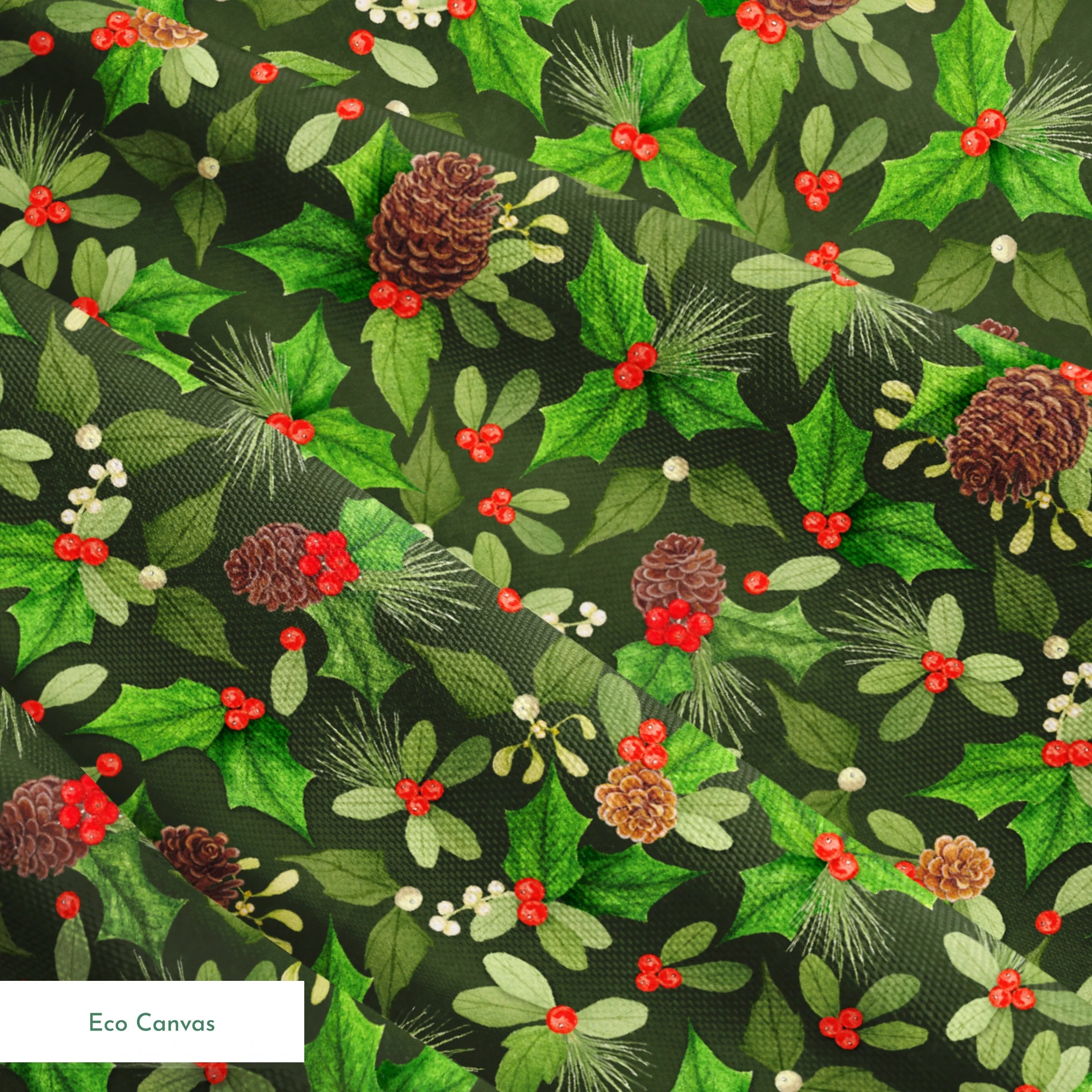 Seamless holiday pattern by Nicole Tamarin featuring pinecones, holly, red berries, and green foliage on a dark green background. springs ecocanvas texture