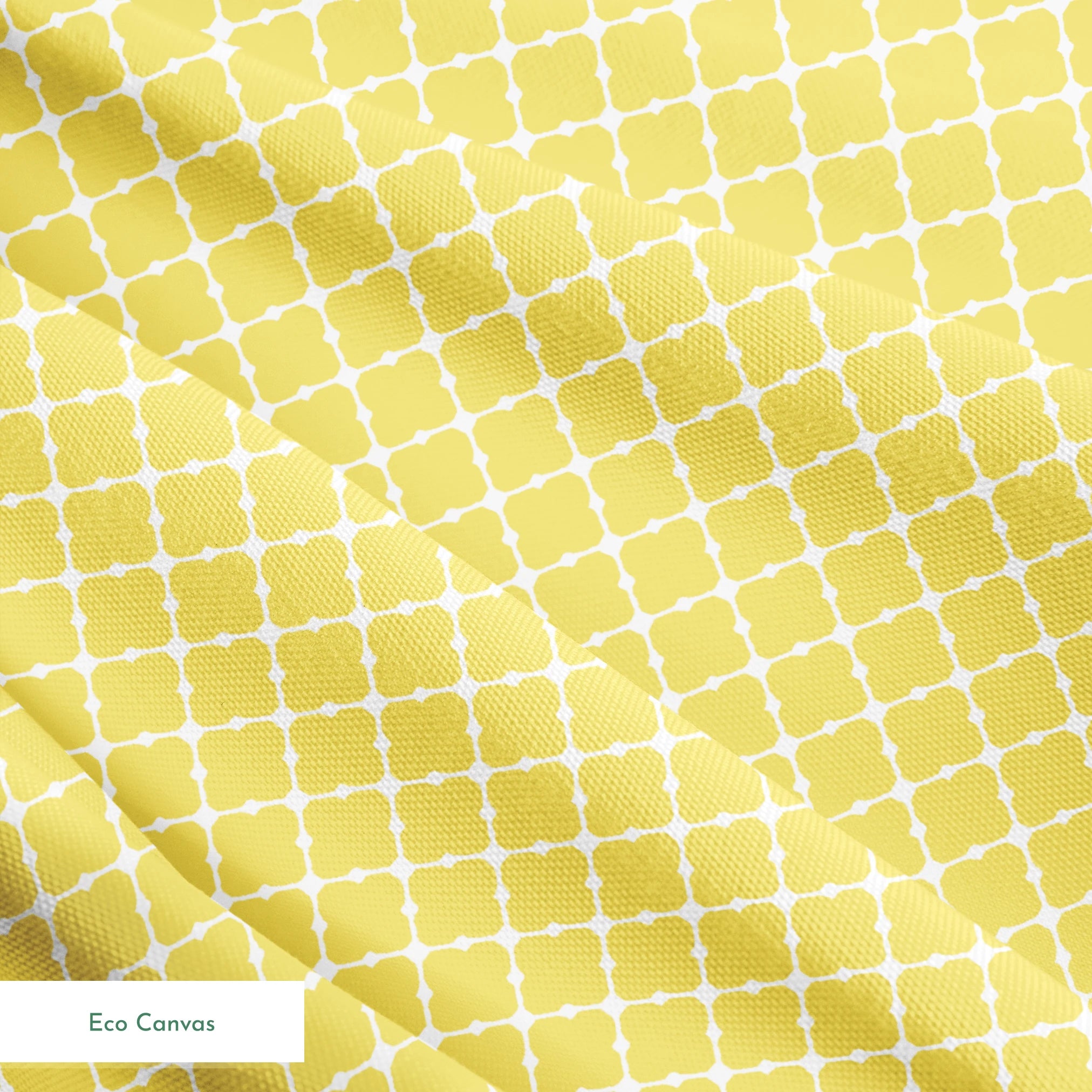 Yellow quatrefoil pattern on white background with Moroccan tile inspired design springs ecocanvas texture