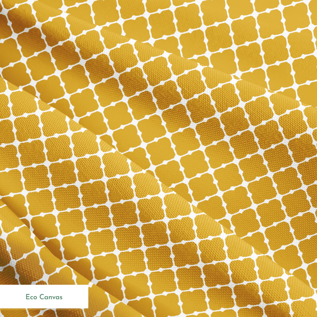 Gold quatrefoil pattern on white background, forming a geometric Moroccan-style lattice design springs ecocanvas texture