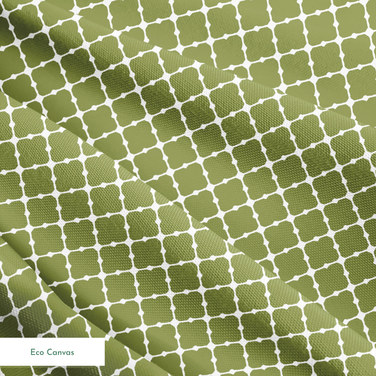 Sage green quatrefoil pattern with white lattice lines forming a Moroccan-style geometric design springs ecocanvas texture