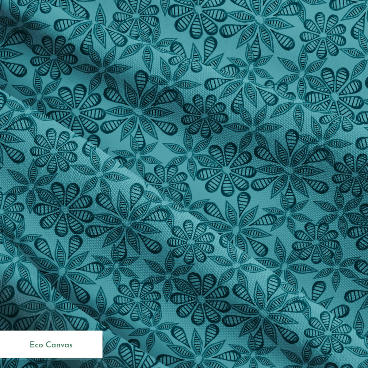 Outlined floral pattern in dark teal on a lighter teal background by Nicole Tamarin. springs ecocanvas texture