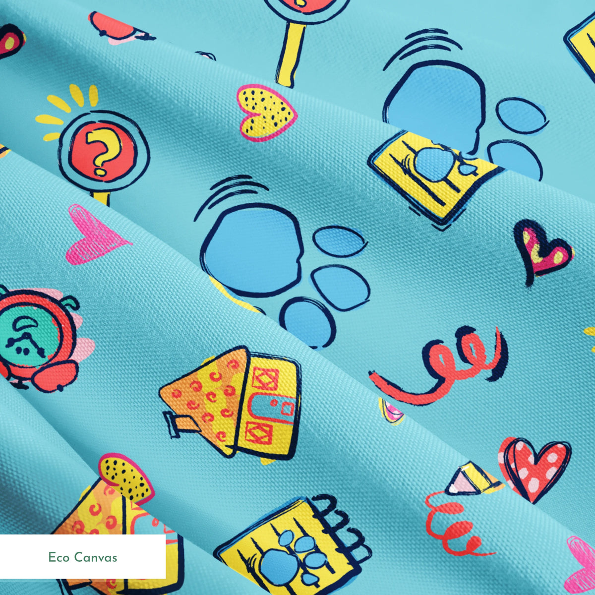 Blue’s Clues doodle-style pattern featuring paw prints, a crayon, spiral notebook, hearts, and magnifying glass on a light blue background. springs ecocanvas texture