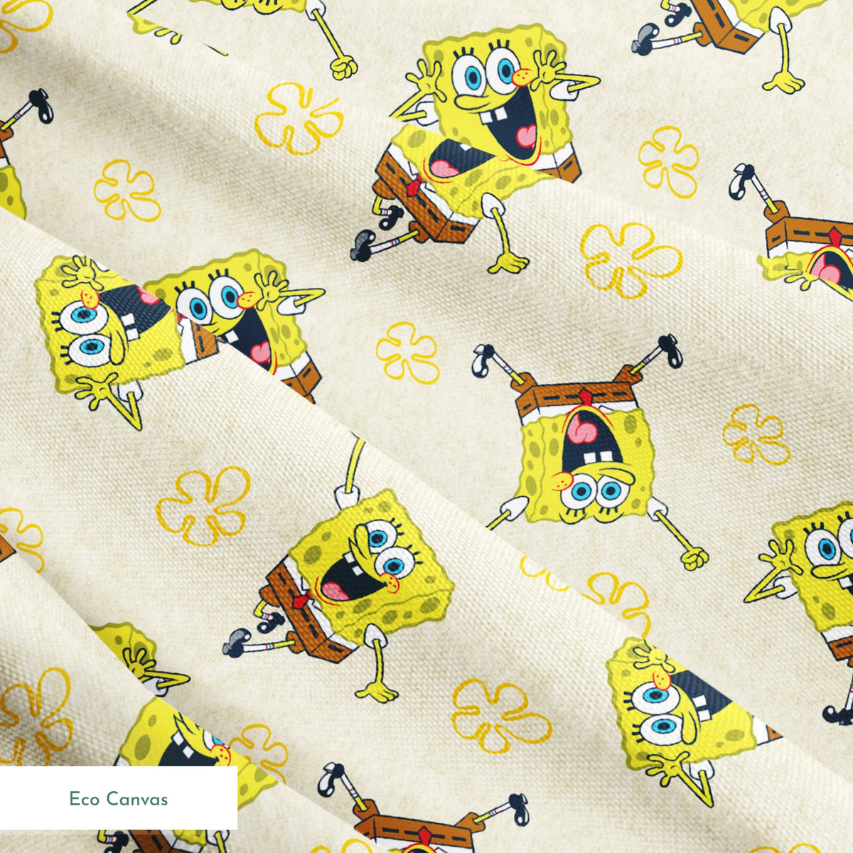 Repeating pattern of SpongeBob SquarePants characters on light yellow background with yellow flowers springs ecocanvas texture