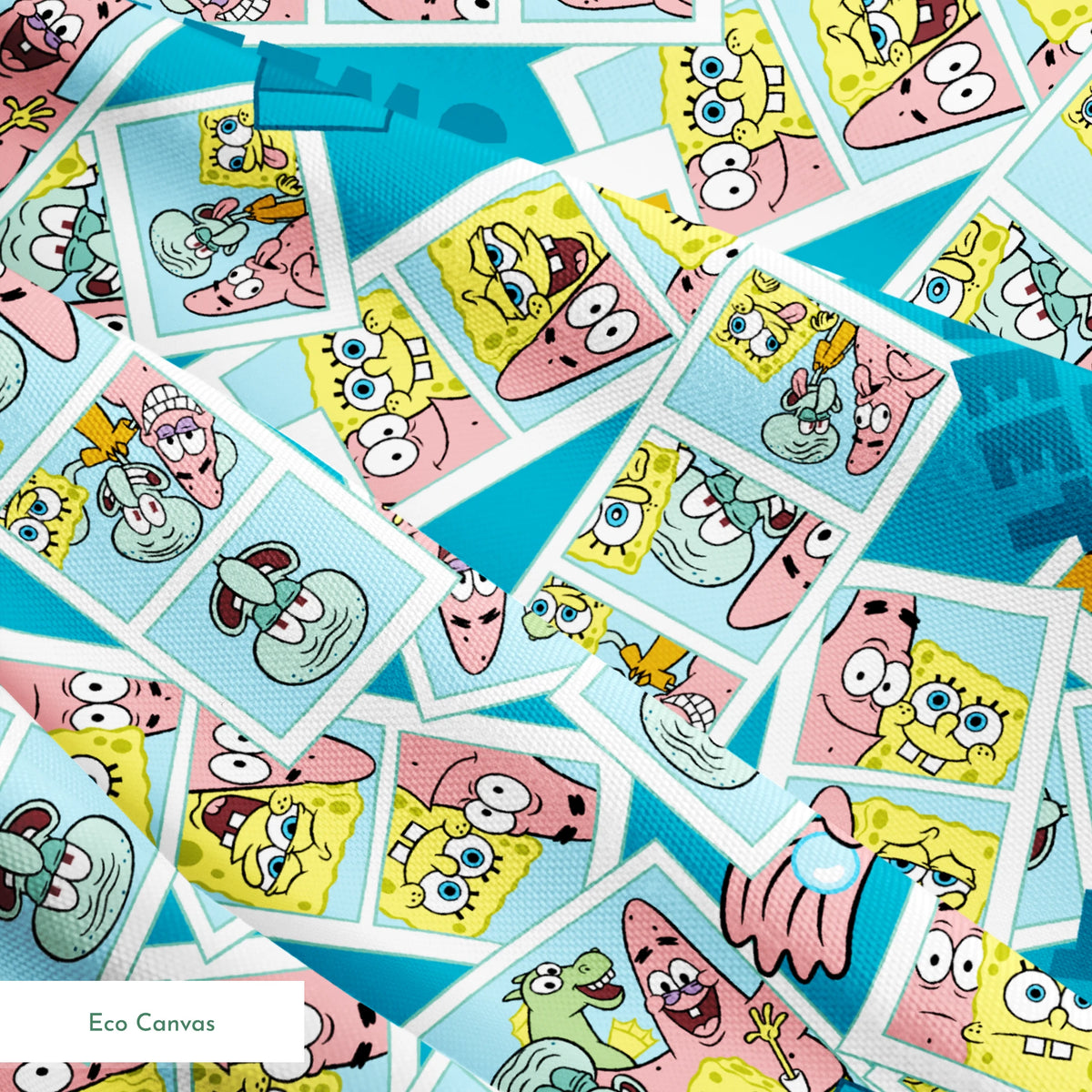 Photobooth-style SpongeBob SquarePants design featuring cartoon snapshots of SpongeBob, Patrick, and Squidward with “Life is Sweet” text on a blue background. springs ecocanvas texture