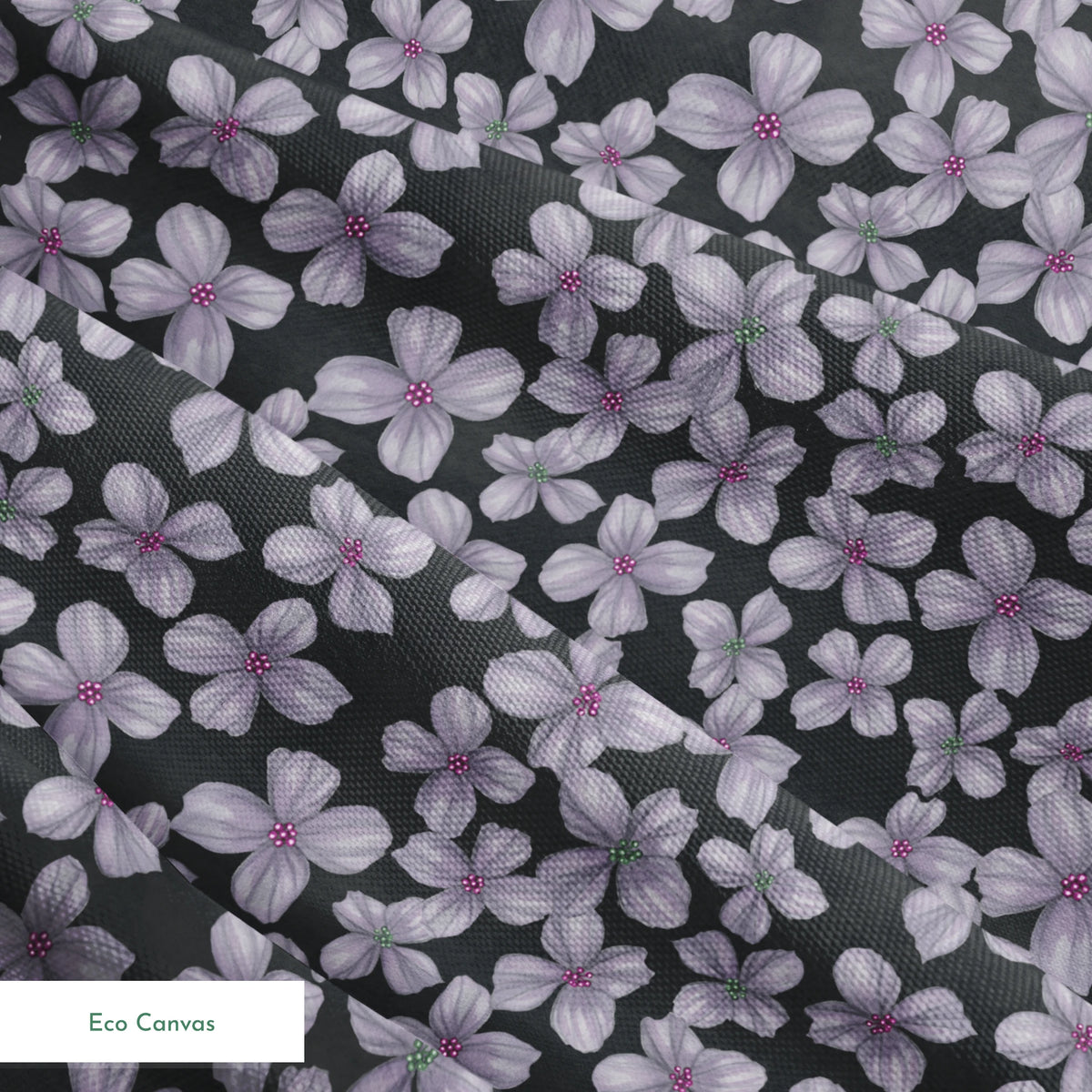 Hand-drawn purple flowers scattered on a charcoal background, designed by Nicole Tamarin. springs ecocanvas texture