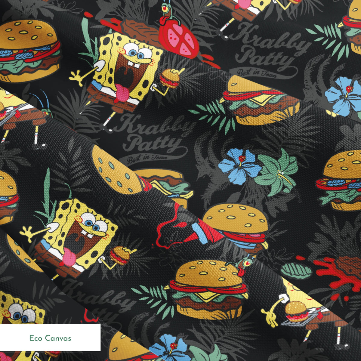 SpongeBob, Plankton, and Krabby Patties with tropical leaves and flowers on a black background in a bold character-themed design. springs ecocanvas texture