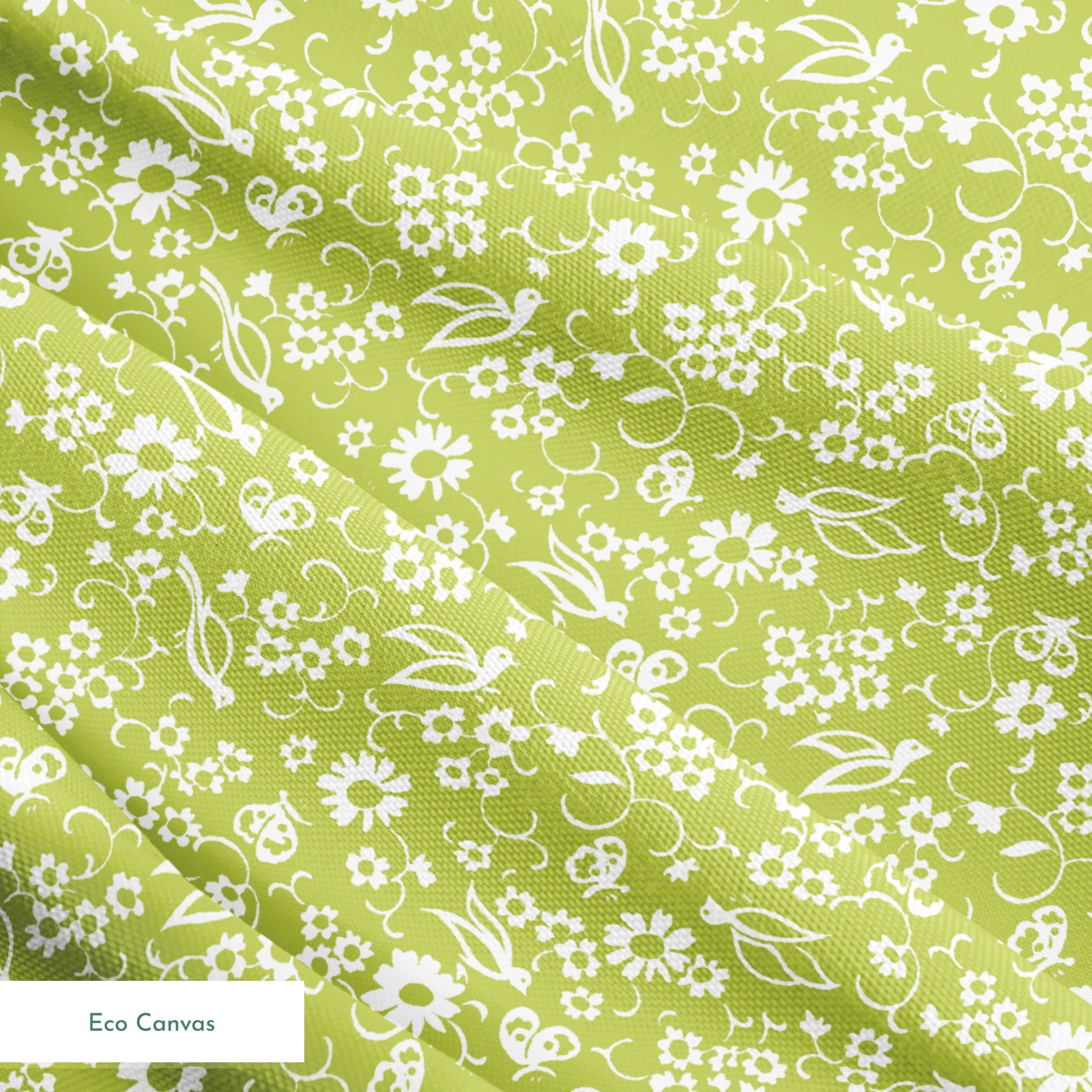 White bird and floral pattern on a vibrant lime green background. springs ecocanvas texture