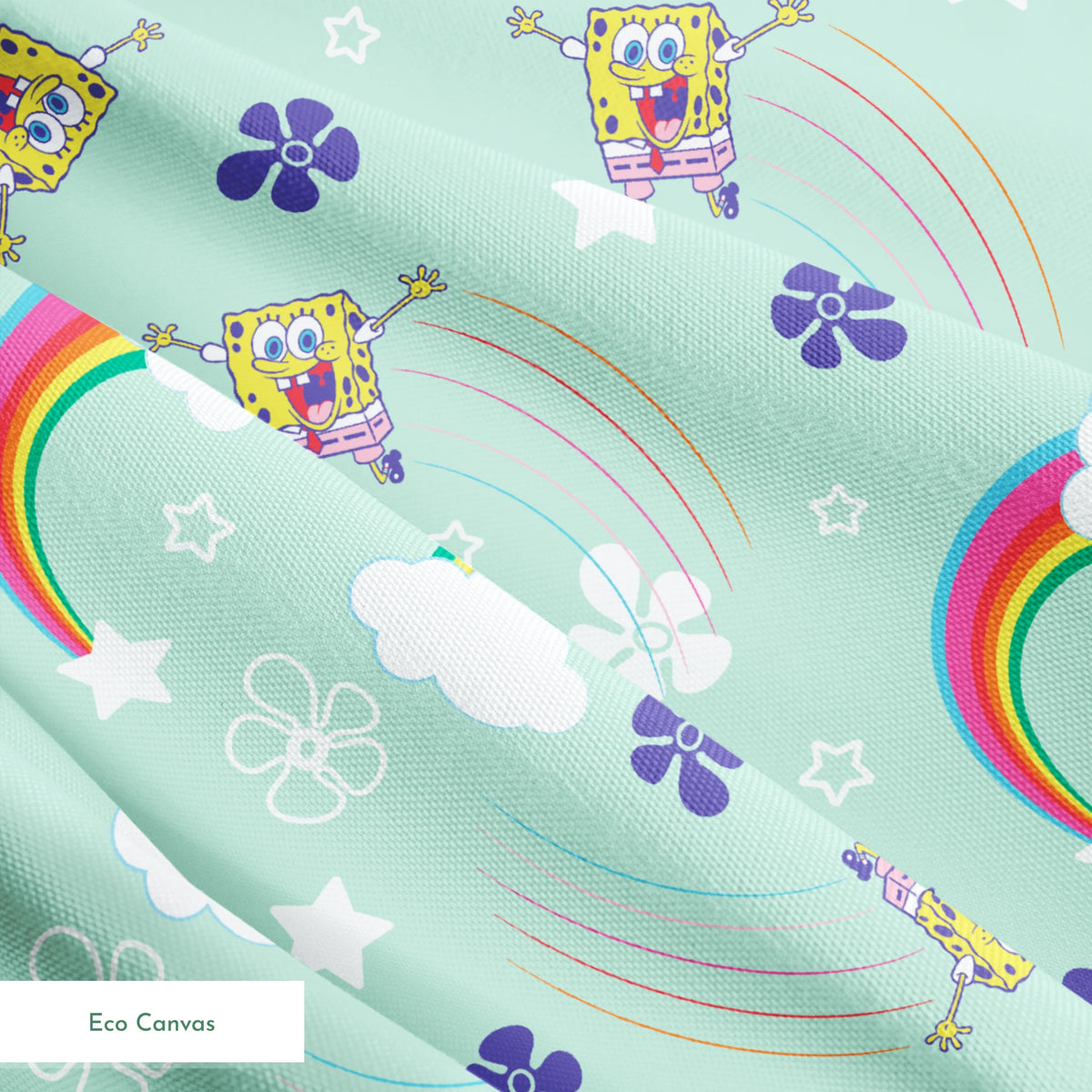 SpongeBob flying over rainbows with clouds, stars, and floral icons on a mint green background in a cheerful cartoon-style Nickelodeon design springs ecocanvas texture
