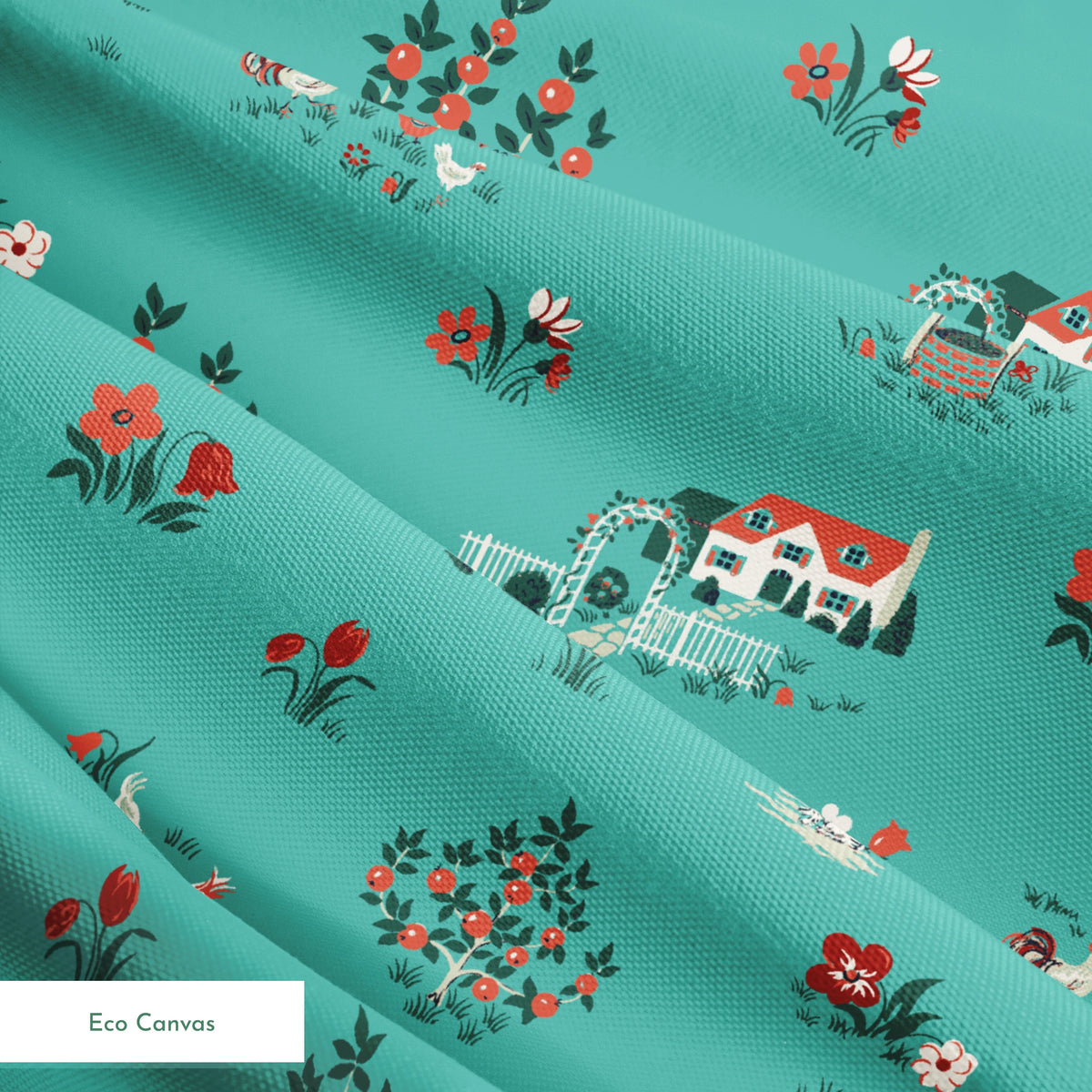 Teal background fabric with vintage cottages, flowers, chickens, and wells in a scattered countryside layout. springs ecocanvas texture