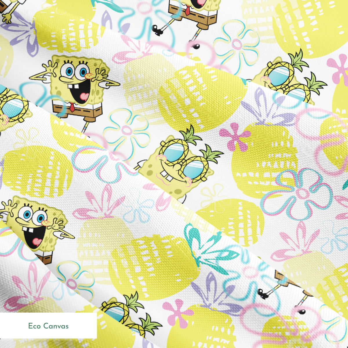 SpongeBob wearing pineapple glasses surrounded by yellow pineapples and pastel floral sketches on a white background in a playful Nickelodeon design. springs ecocanvas texture